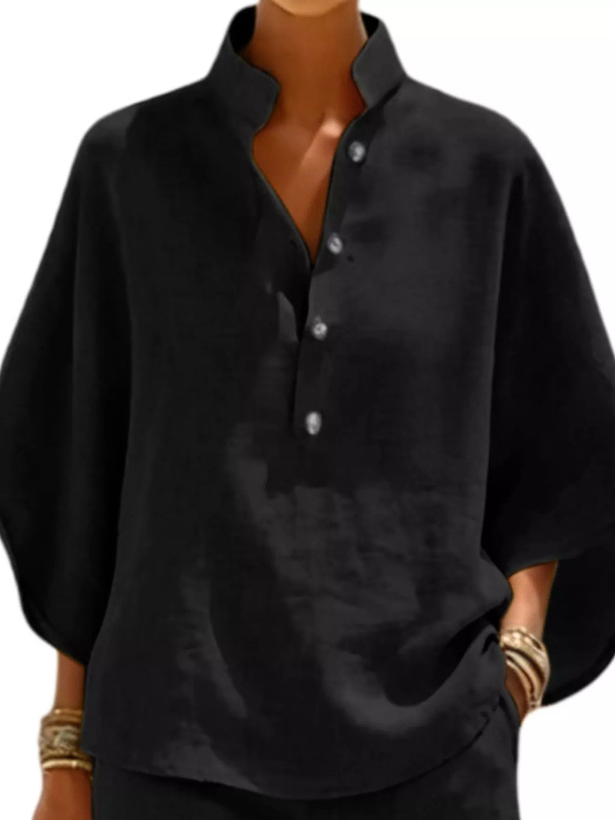 Button Detail Loose Fit Top and Shorts Set in black, top detail