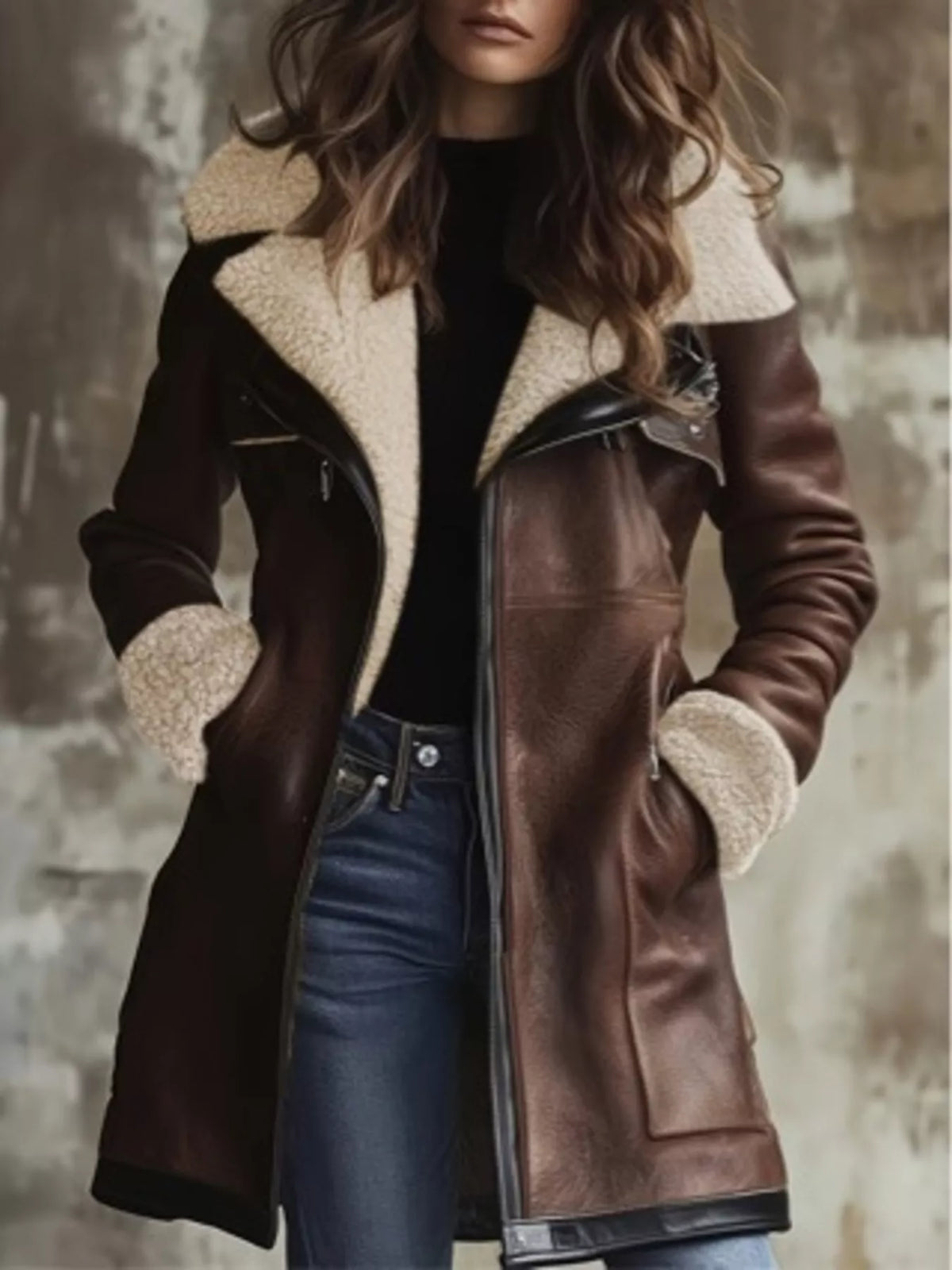 Brown sherpa-trim zip-up faux leather jacket