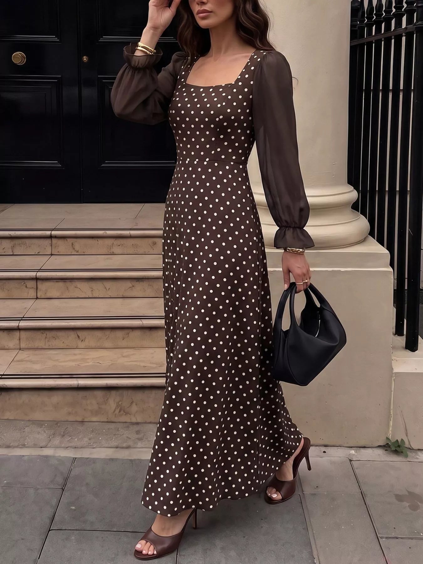 Trendsi Polka Dot Square Neck Long Sleeve Maxi Dress -