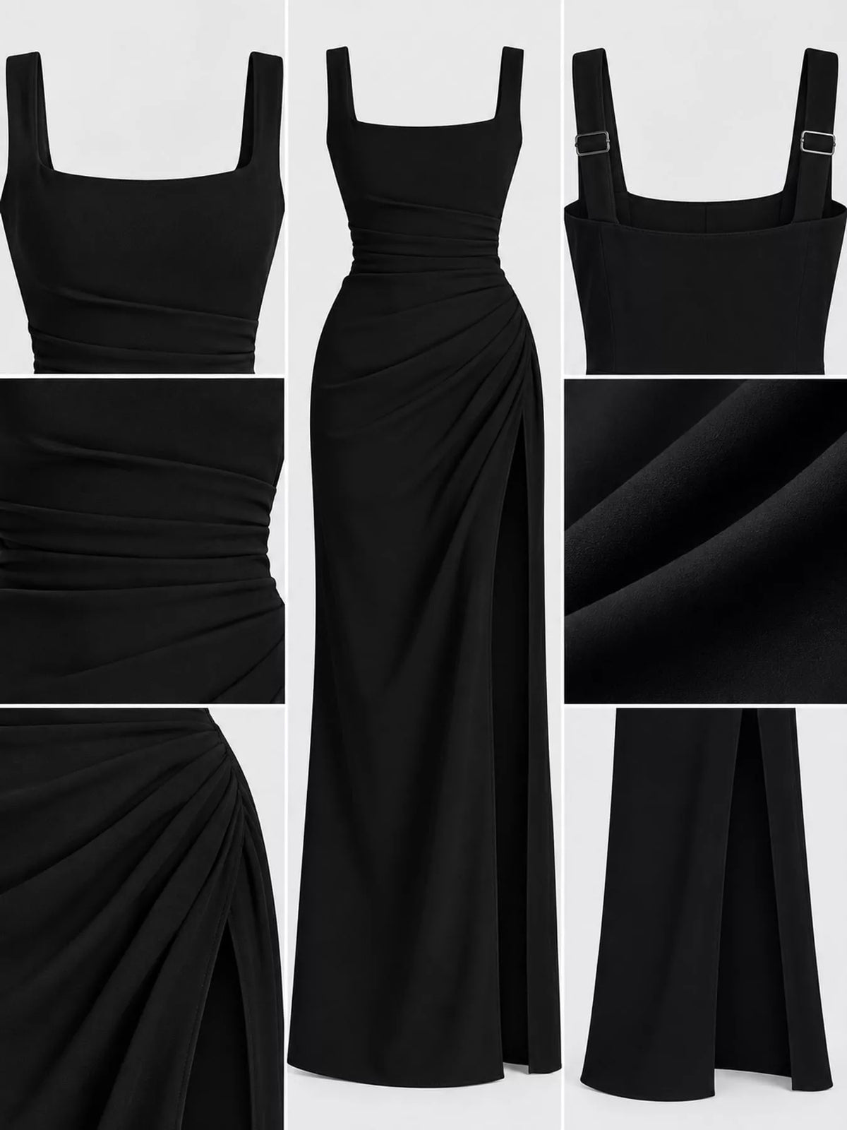 Women's Sleeveless High-Slit Evening Maxi Dress in black — detail collage view