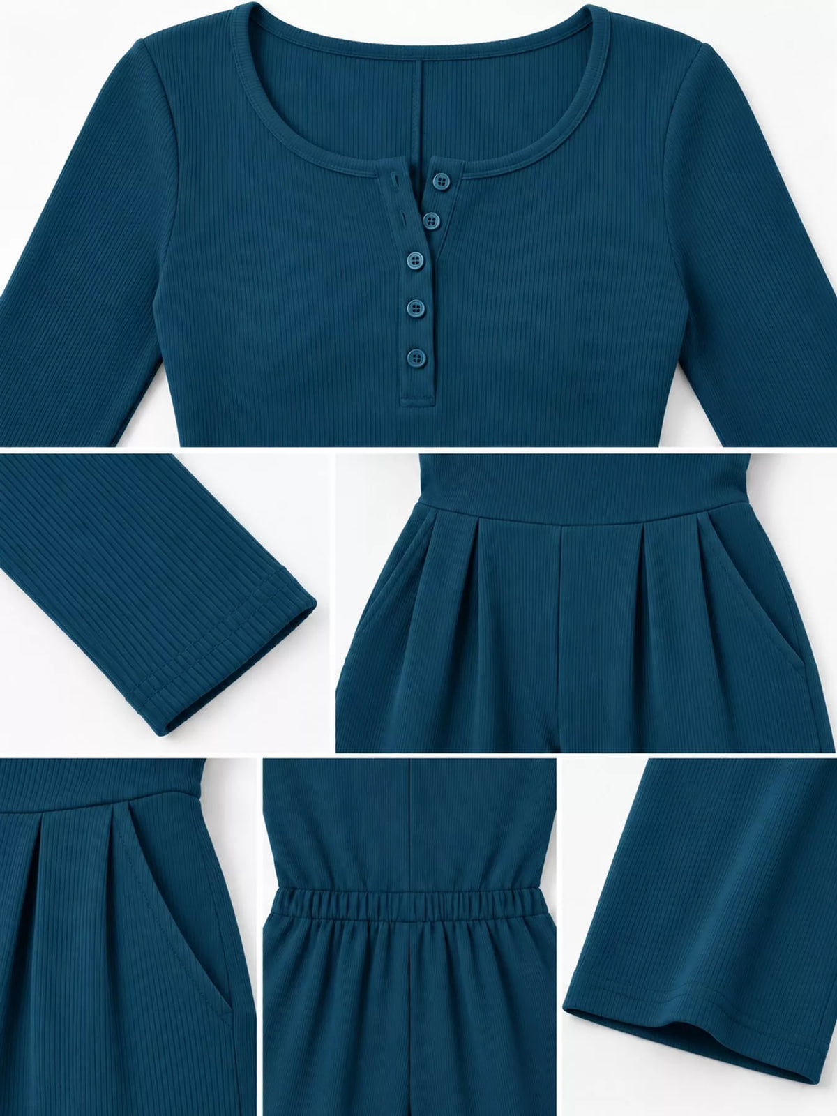 Long Sleeve Ribbed Knit Wide-Leg Jumpsuit — construction details