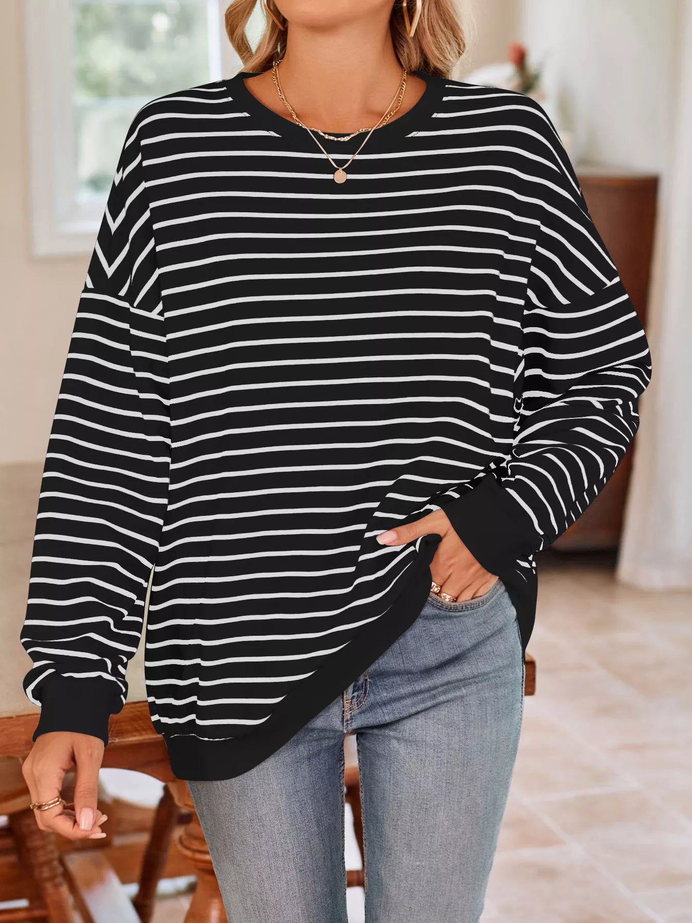 Trendsi Oversized Striped Crewneck Sweatshirt -