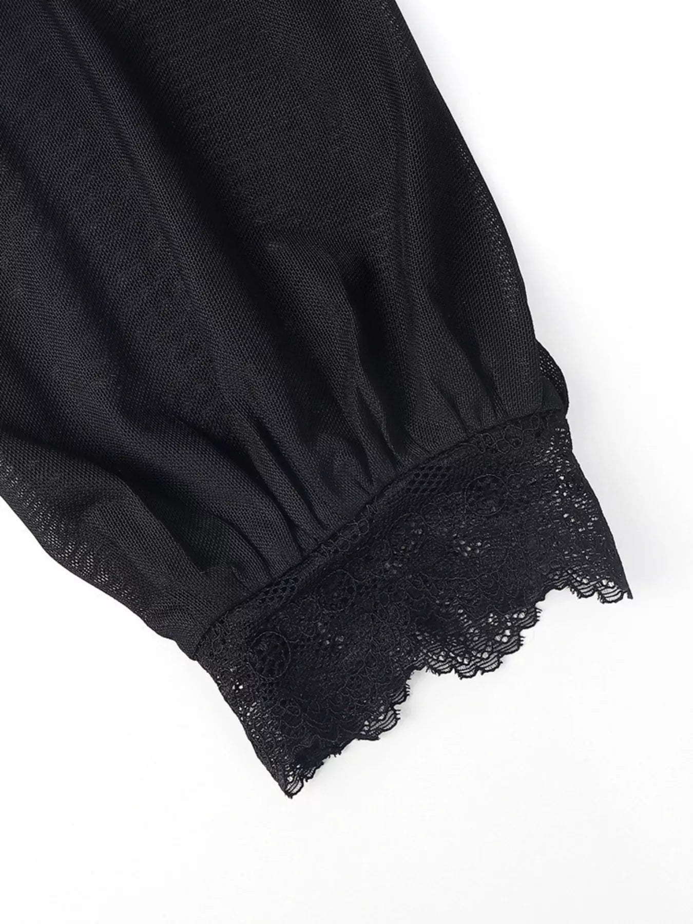 Trendsi Lace Trim Velvet Sheer Sleeve Blouse -