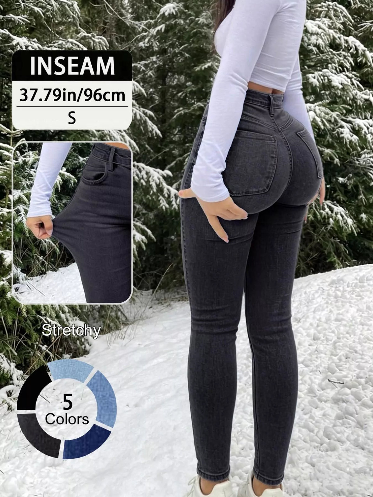 Skinny jeans, dark gray back with measurement inset