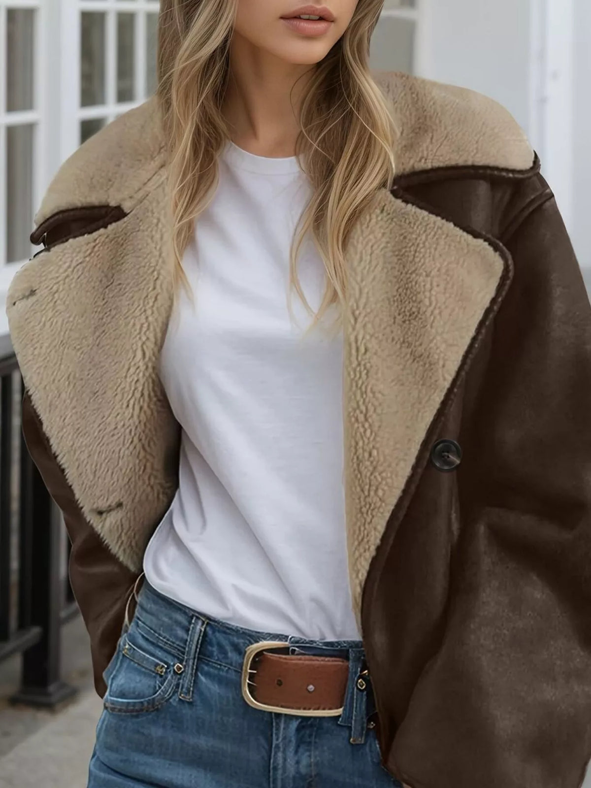 Coffee Brown Sherpa-Lined Button-Down Jacket with Pockets open-front lining detail