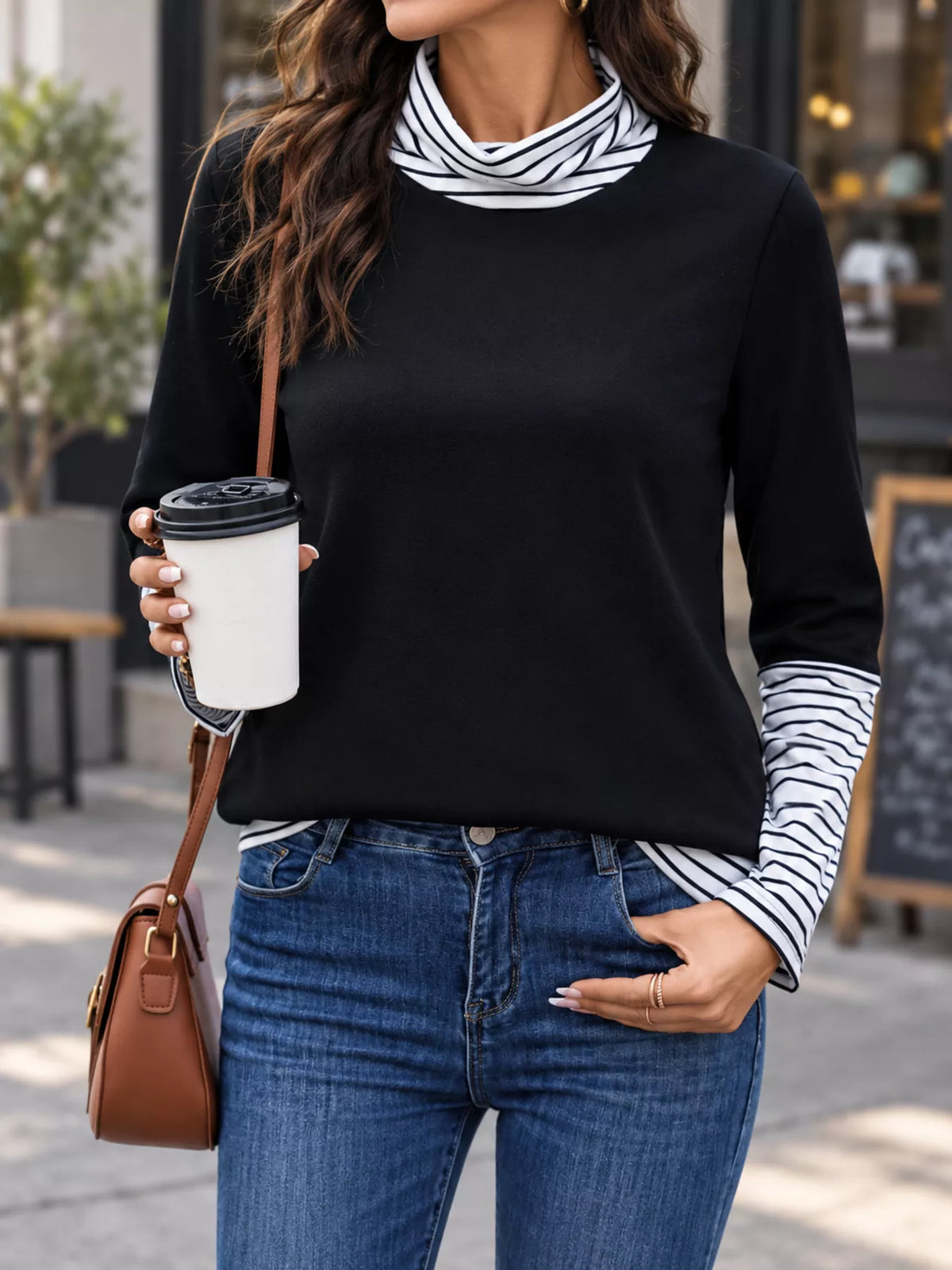 Women's Layered Look Mock Neck Striped Trim Long Sleeve Blouse in black — front view