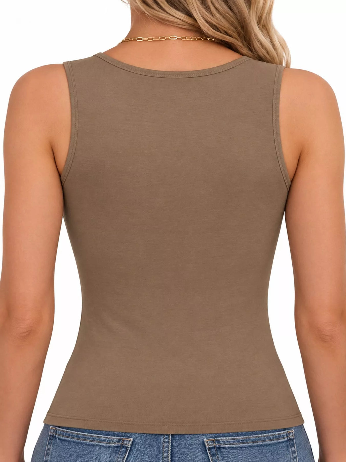 Brown square-neck tank, back view