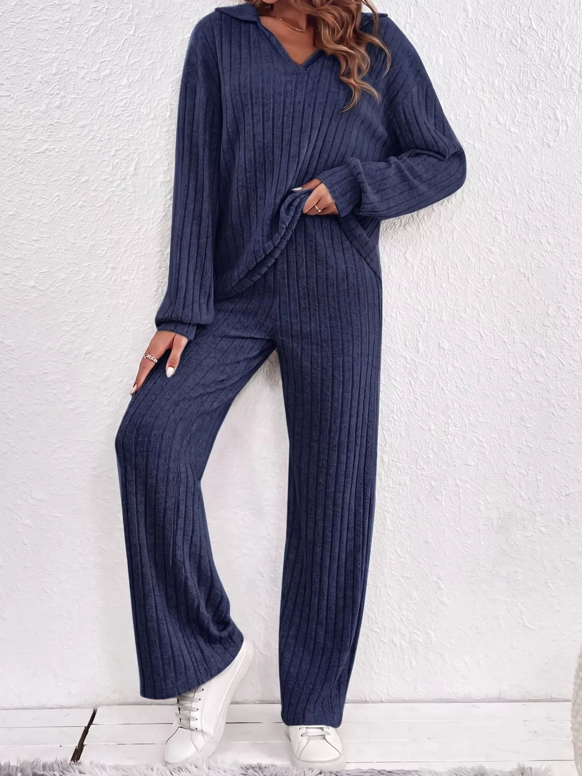 Ribbed Knit Collared Top and Wide Leg Pants Set in navy blue