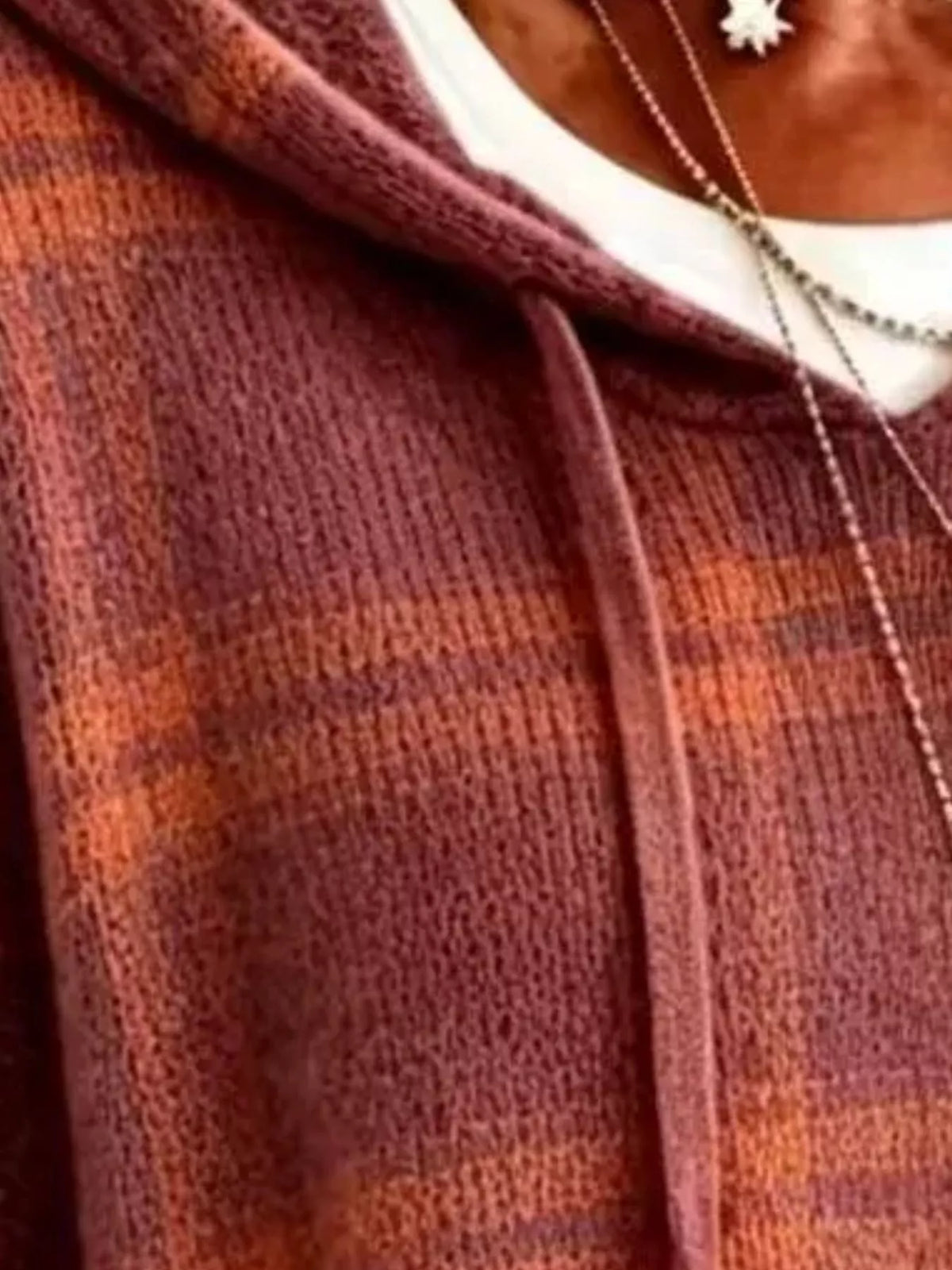 Burgundy plaid hooded sweater, hood and knit detail