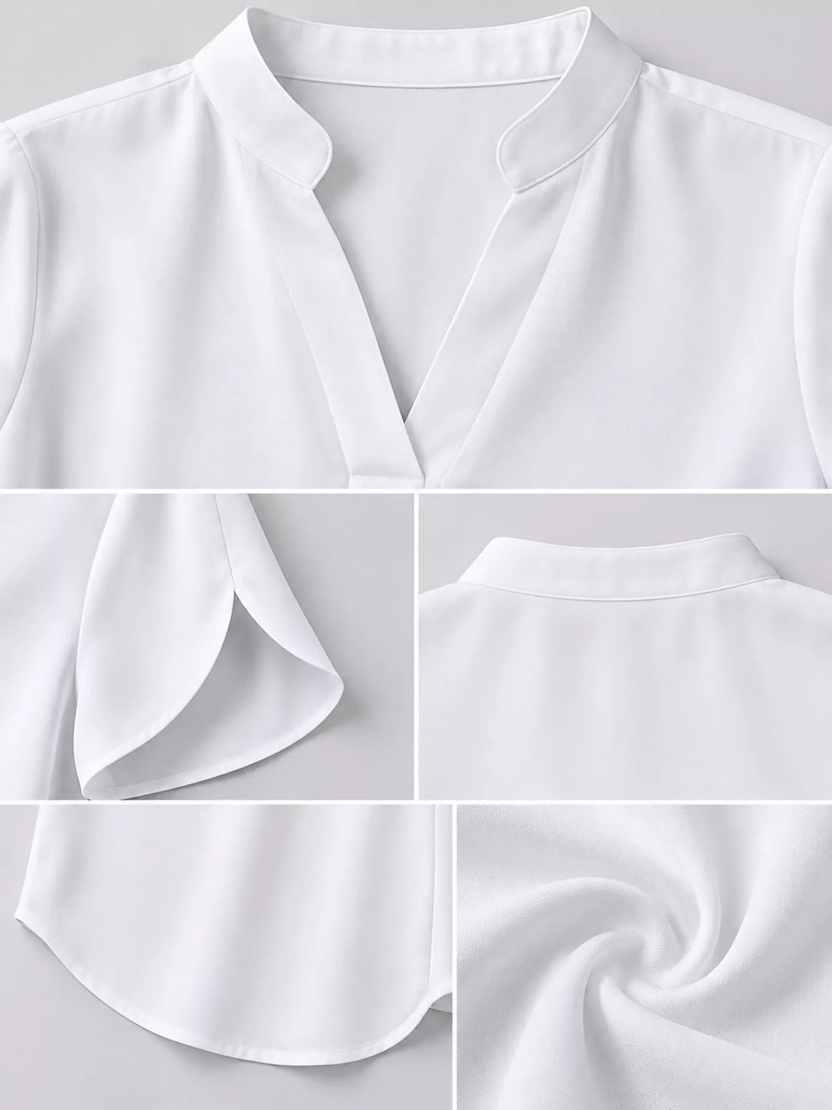 Women's Notched Slit Short Sleeve Blouse in white — detail collage view