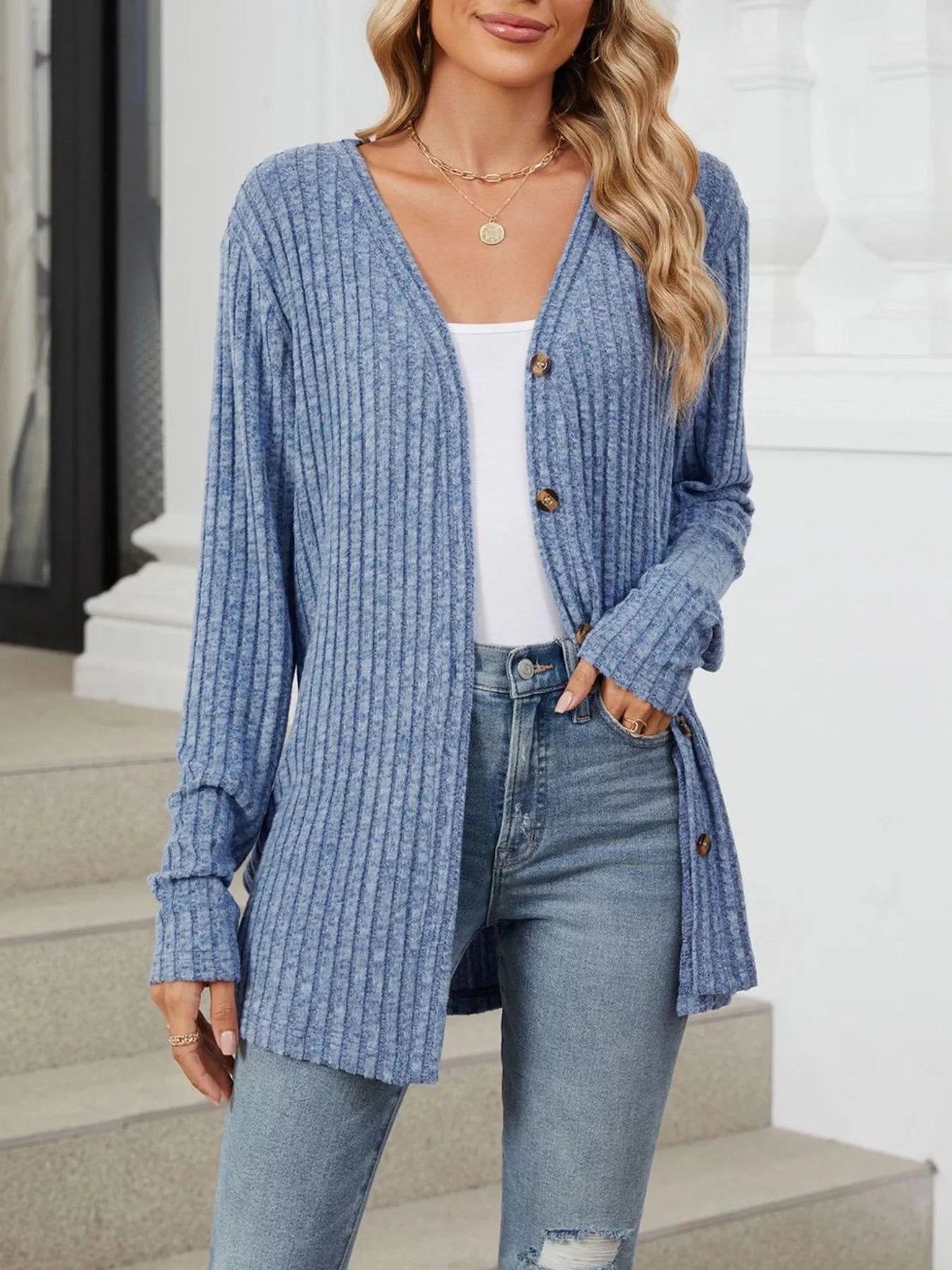 Trendsi Ribbed Button-Up Cardigan -