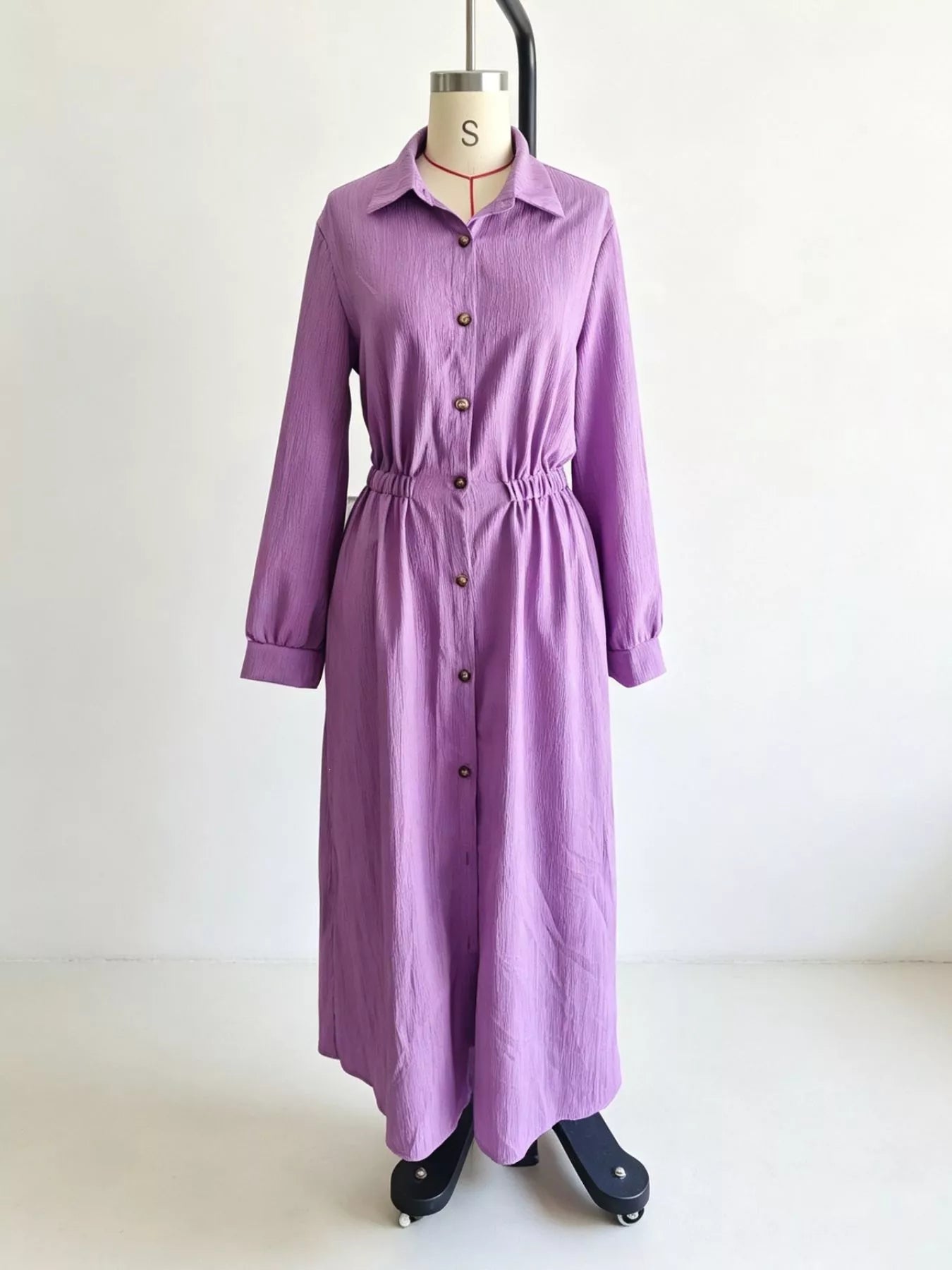 Trendsi Full Size Textured Button Front Long Sleeve Maxi Dress Plus Size -