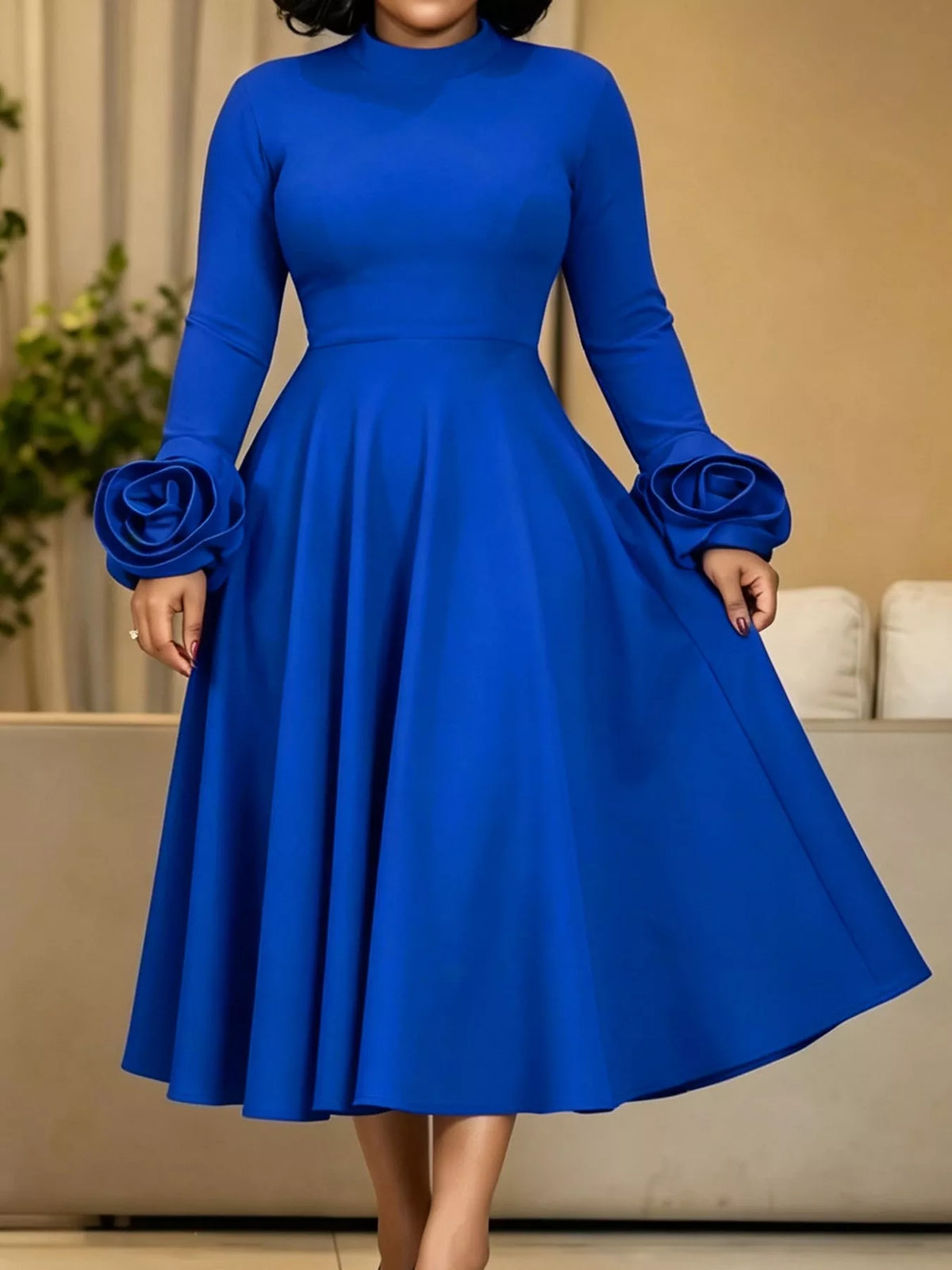 Mock neck long sleeve midi dress, front view on model