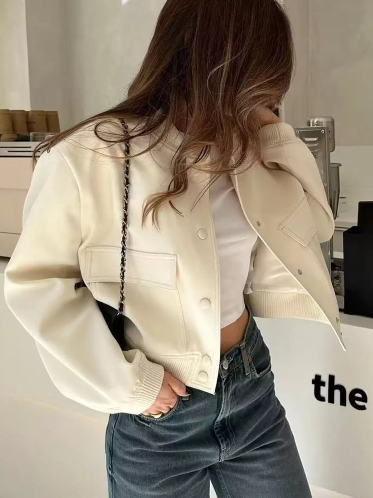 Snap-Down Cropped Bomber Jacket, front view