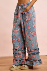 Trendsi BiBi Washed Floral Denim With Ruffle Elastic Wide Pants - Pants