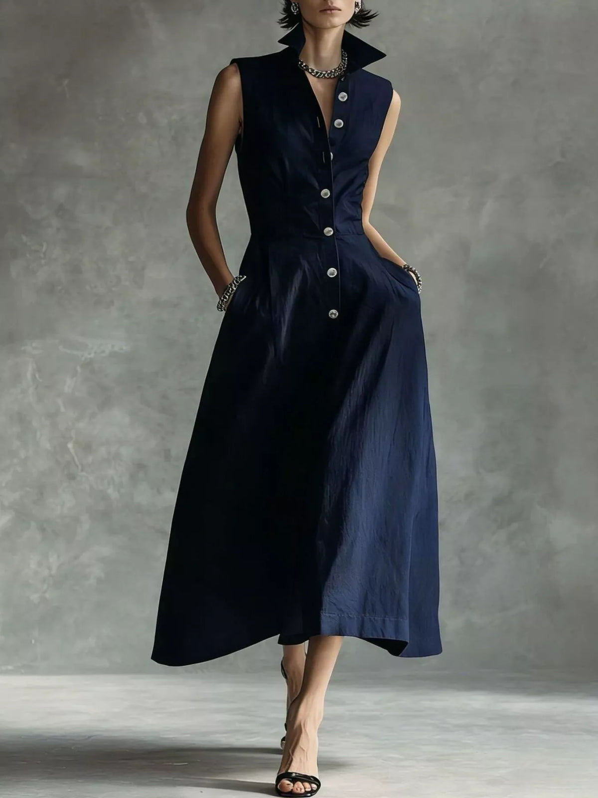 Navy button-down midi shirt dress