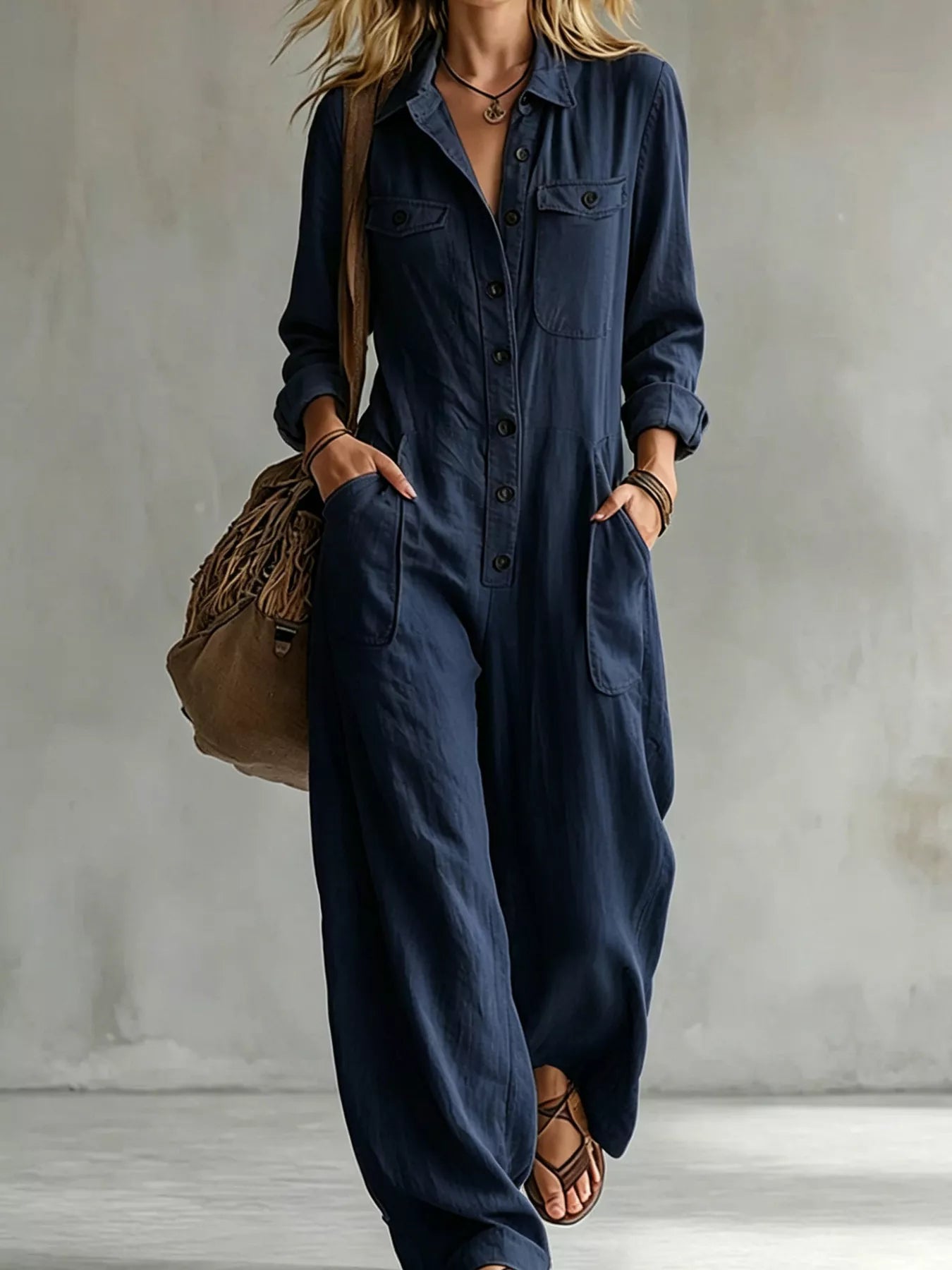 Trendsi Full Size Long Sleeve Button Front Jumpsuit Plus Size -