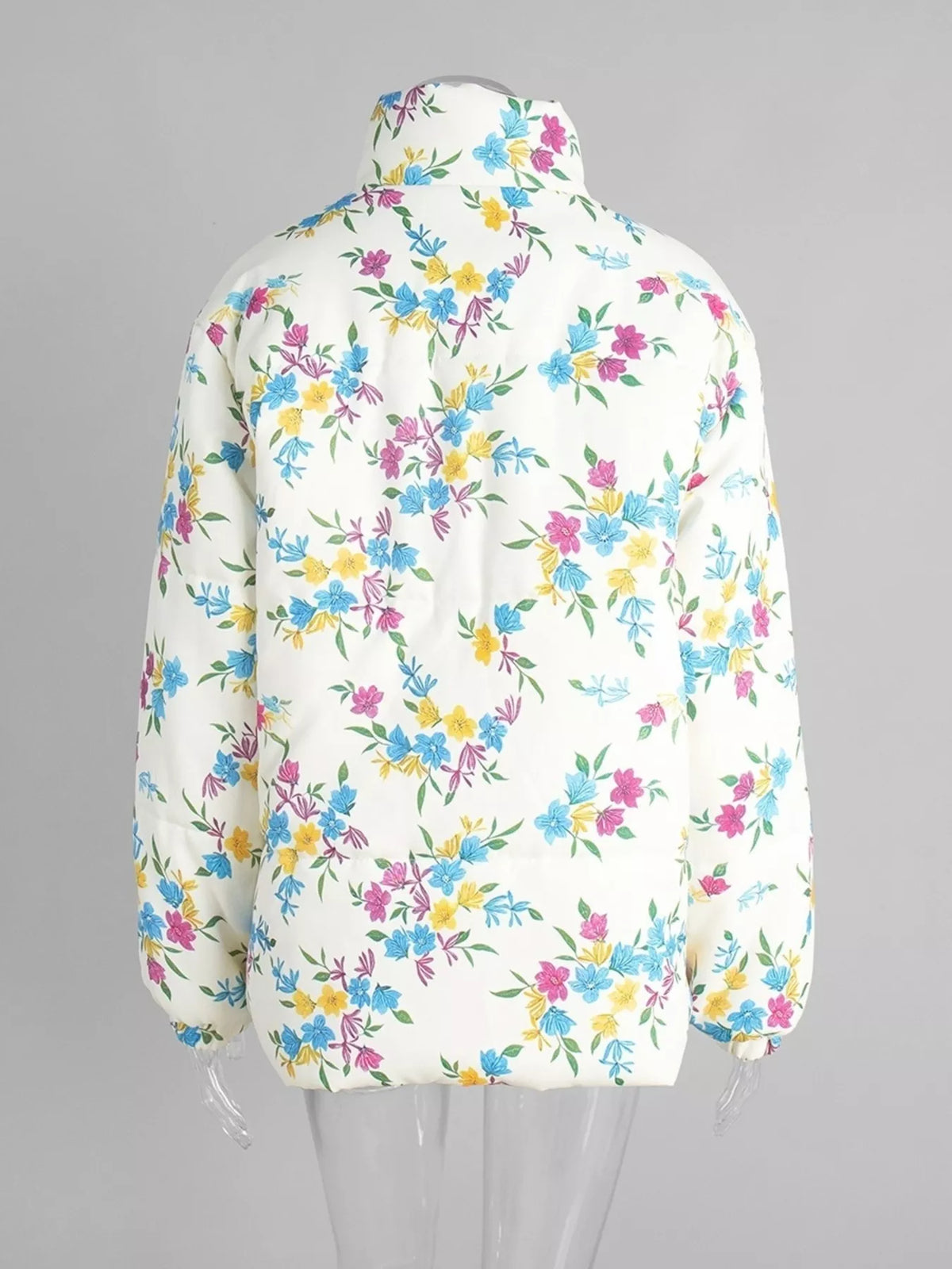 Floral Print Stand Collar Puffer Jacket, back view