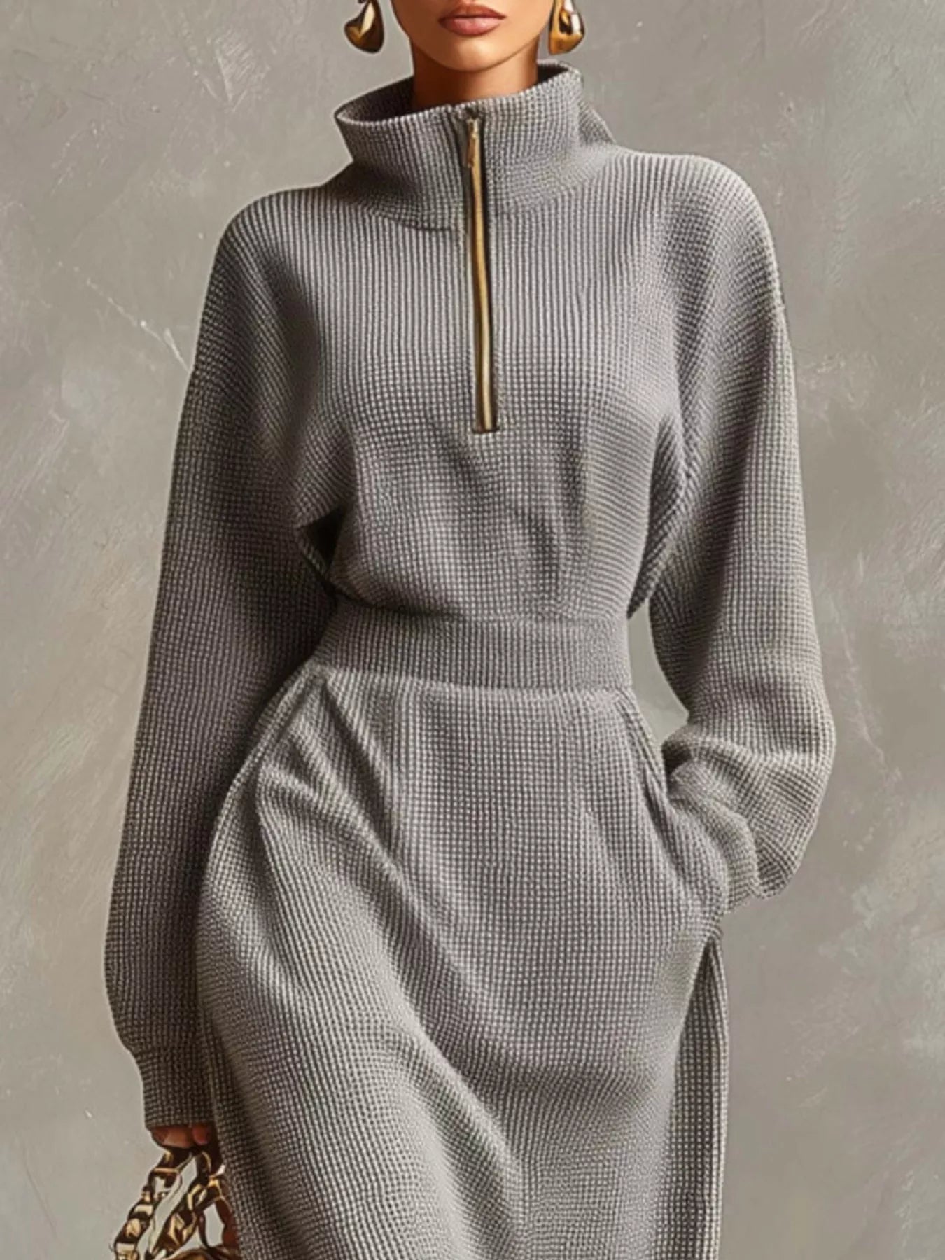 Trendsi Waffle Knit Quarter-Zip Midi Dress -