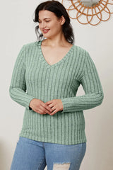 Trendsi Basic Bae Full Size Ribbed V-Neck Long Sleeve T-Shirt - Shirts
