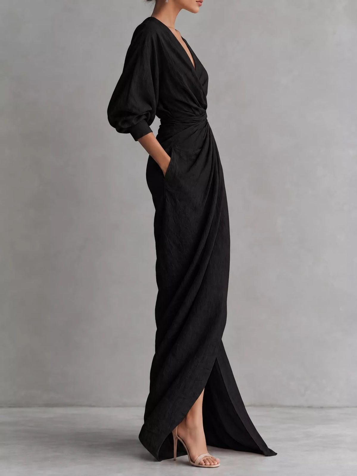 V-neck 3/4 sleeve maxi dress, side view