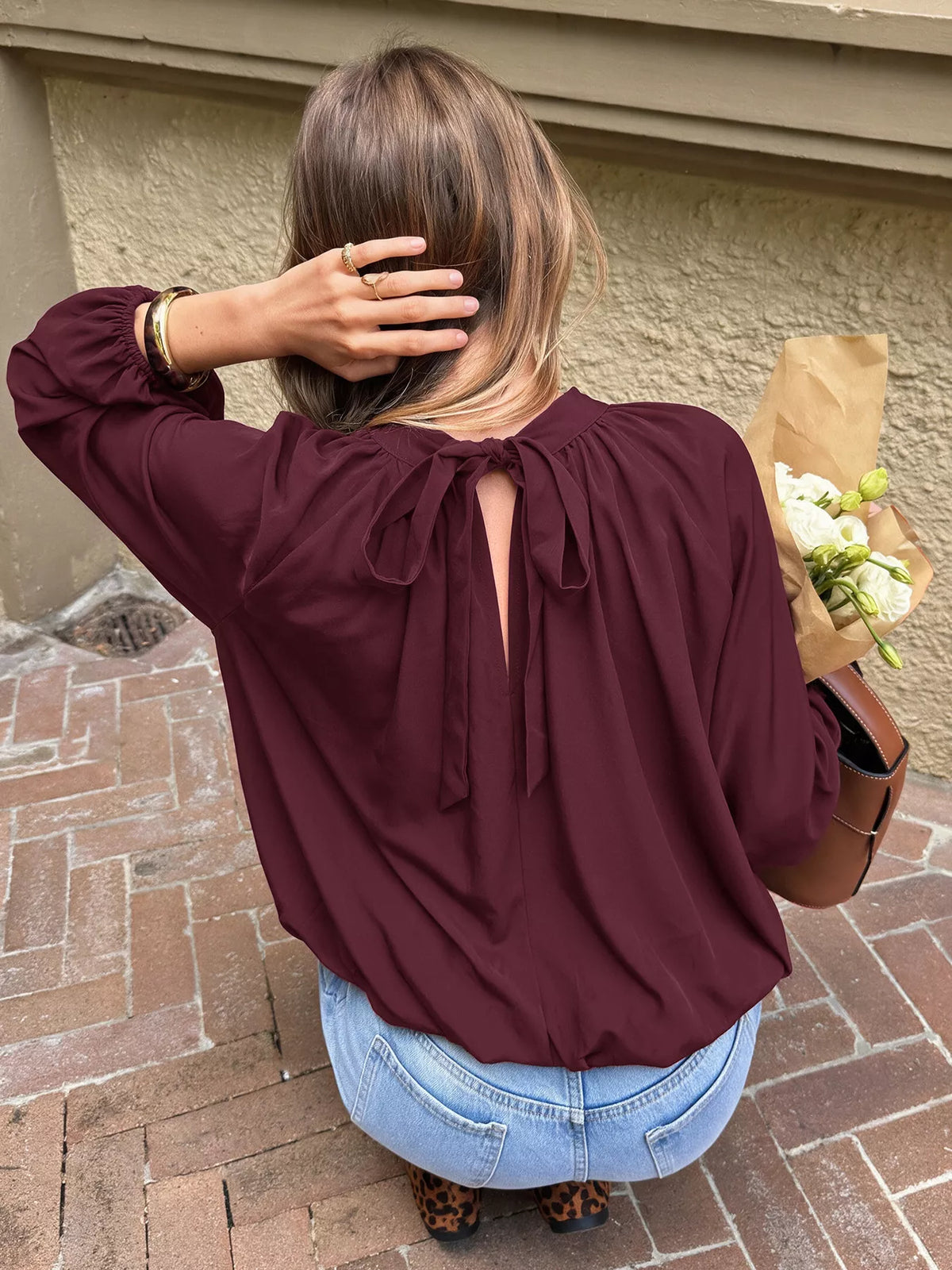 Trendsi Tie Back Balloon Sleeve Blouse -