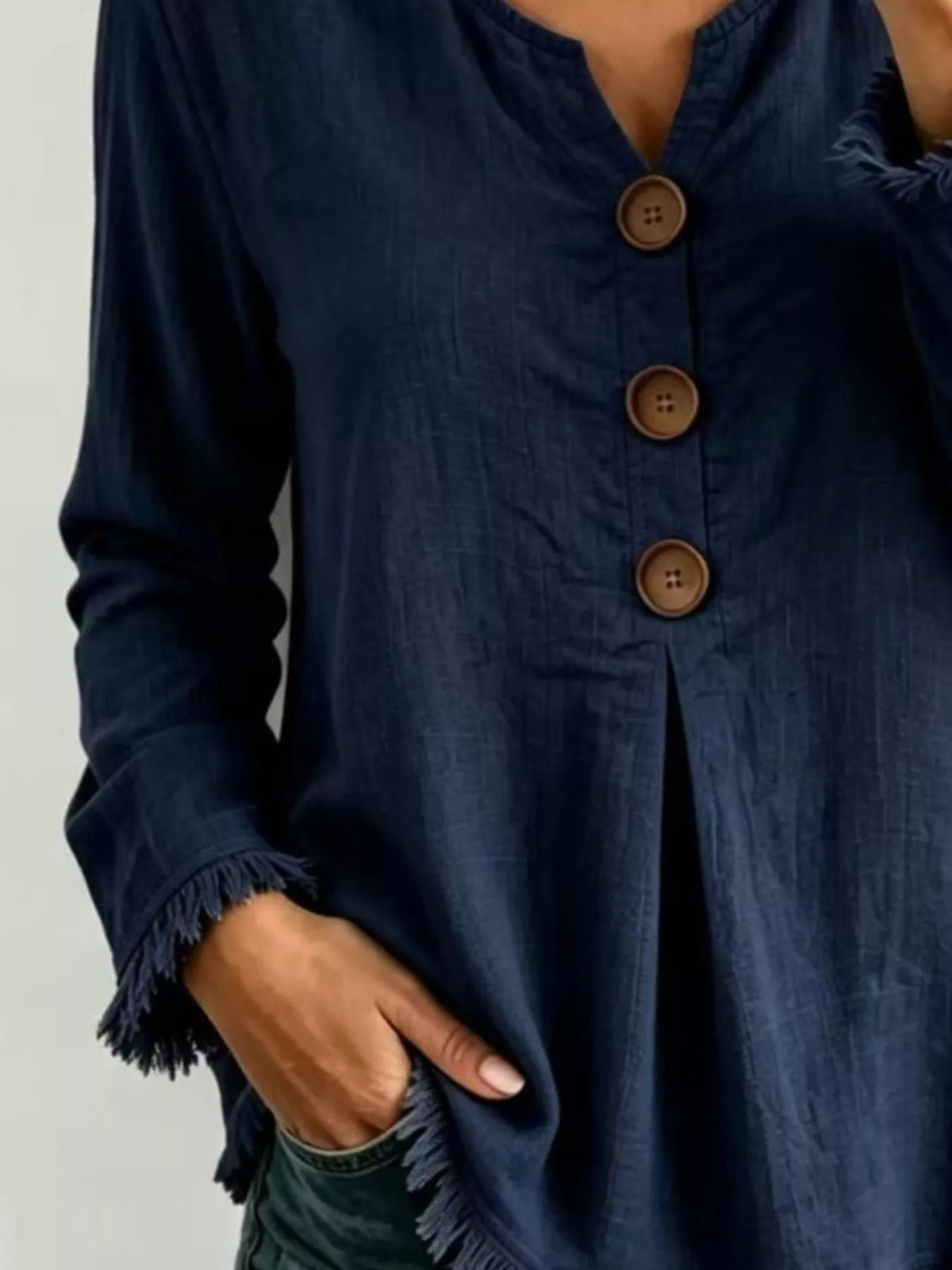 Navy Frayed-Hem Long Sleeve Button-Front Blouse fabric and fringe detail