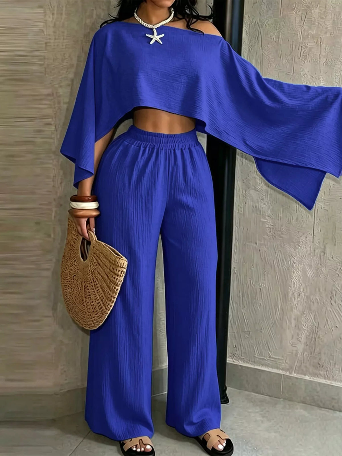 Women's Boat Neck Crop Top and Wide-Leg Pants Set in blue — front view