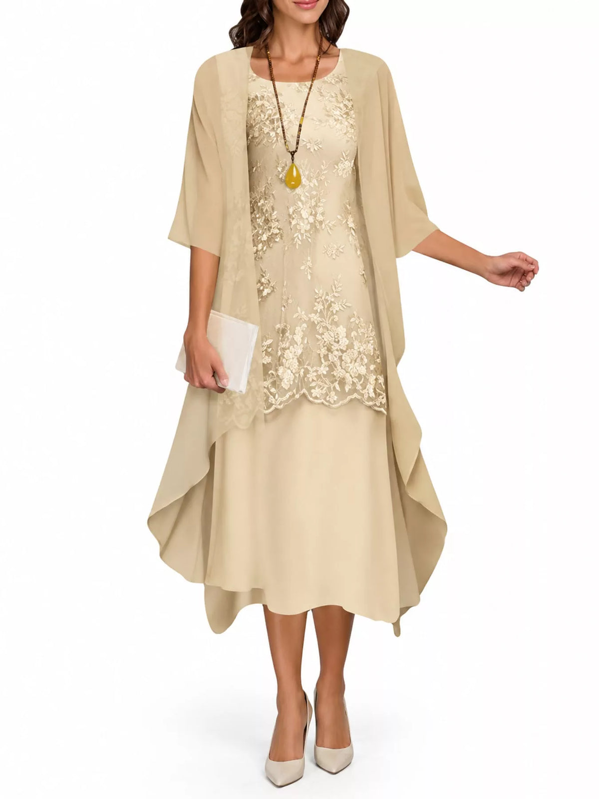 Beige lace overlay dress and chiffon cardigan set