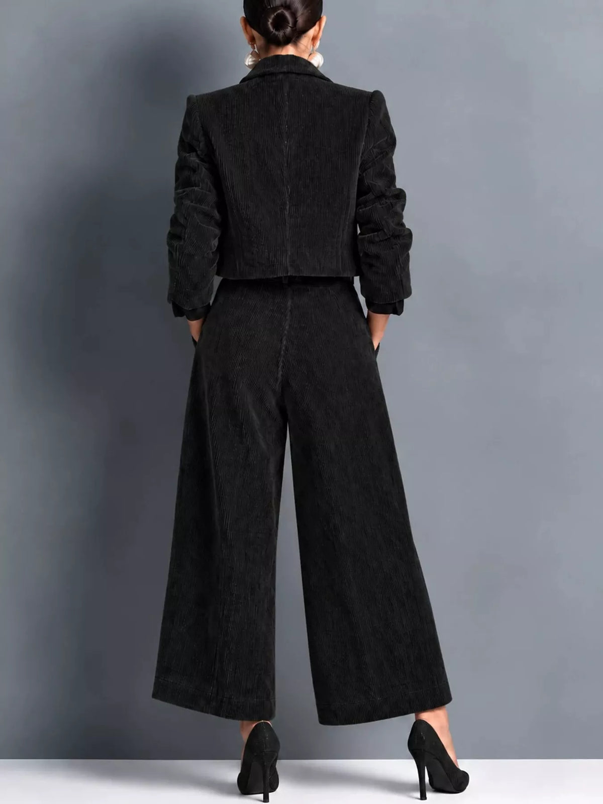 Corduroy Button Up Blazer and Pants Set, back view in black