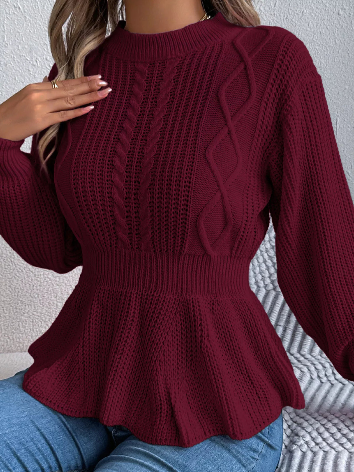 Cable Knit Peplum Sweater in burgundy, front view