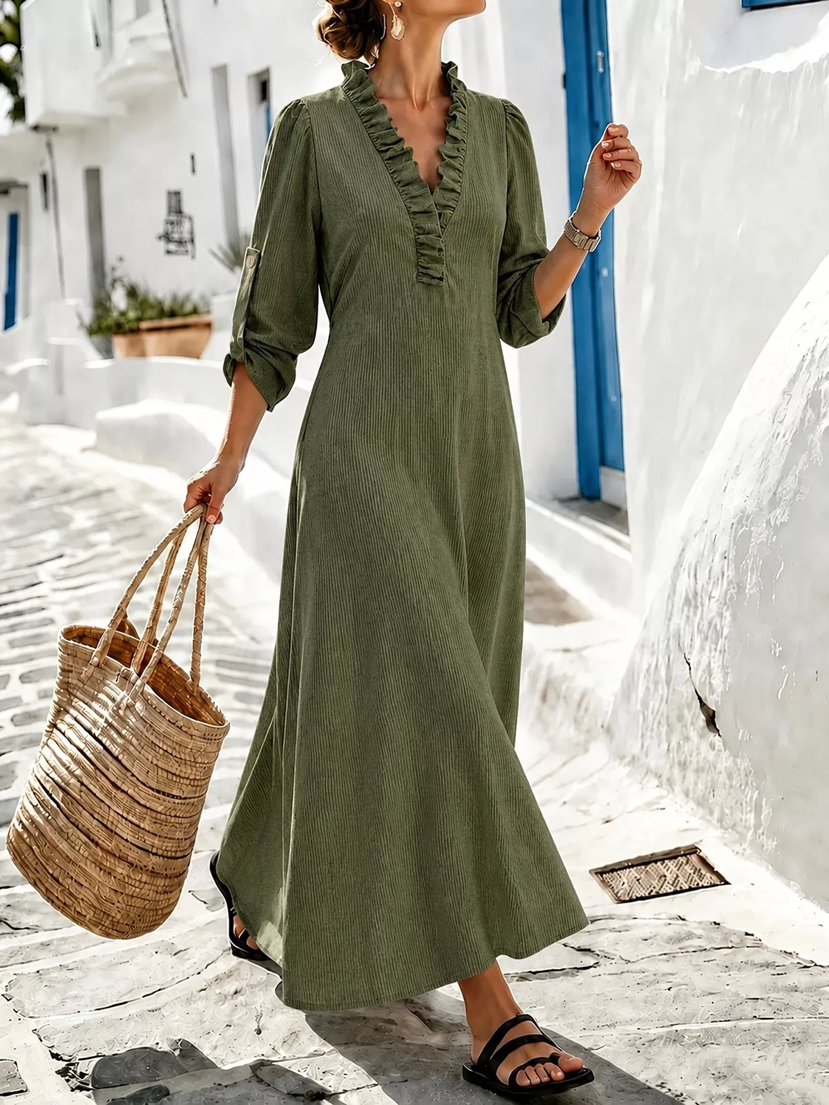 Olive green V-neck maxi dress, front outdoor view