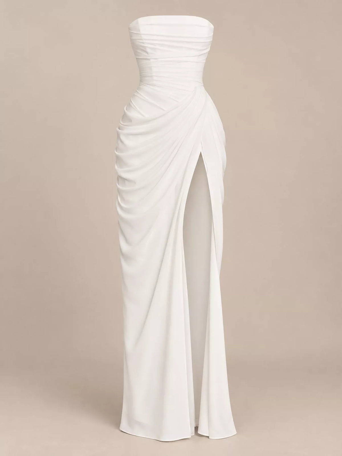 White strapless ruched high-slit evening dress