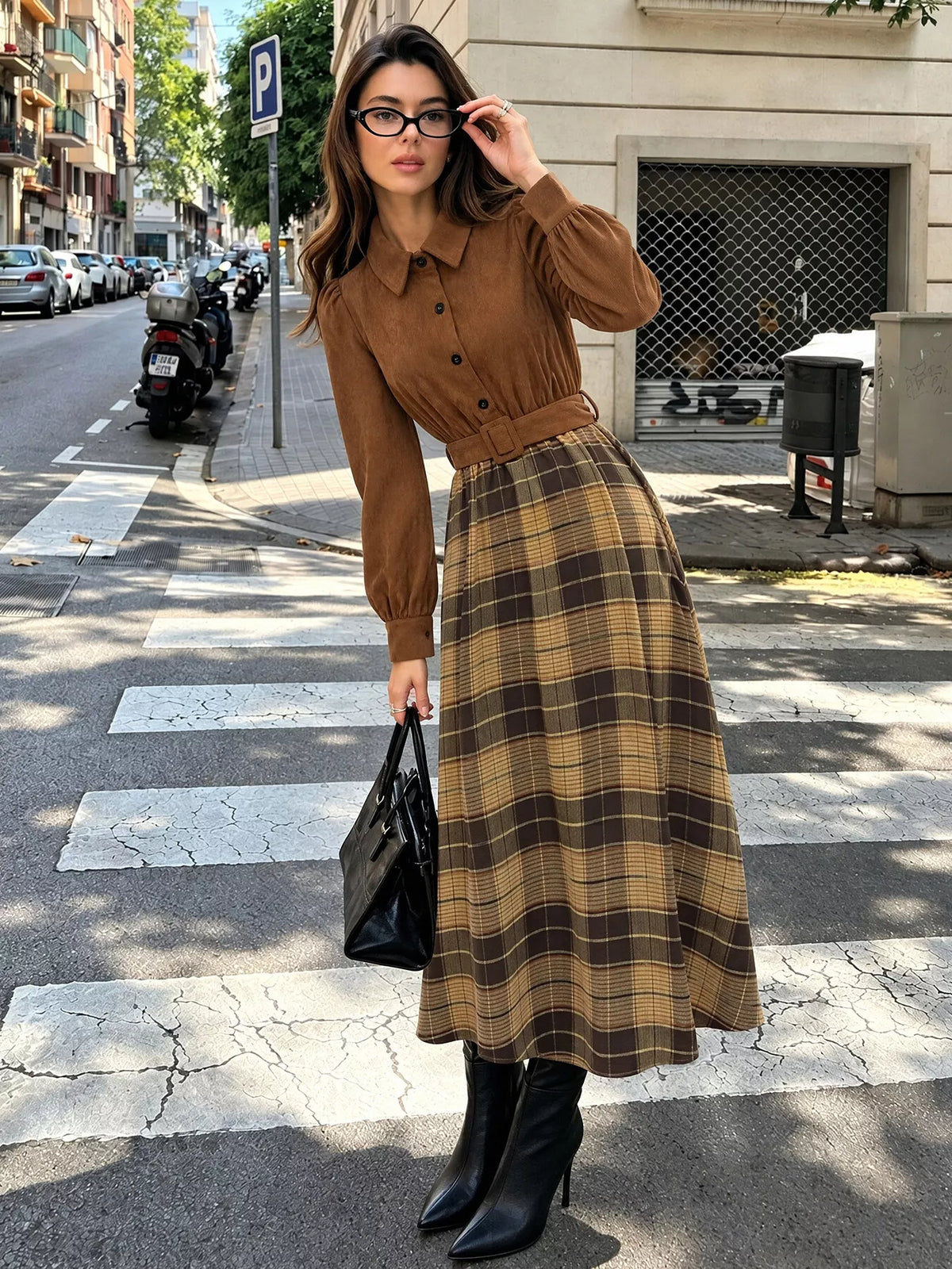 Corduroy Patchwork Plaid Midi Dress — front view
