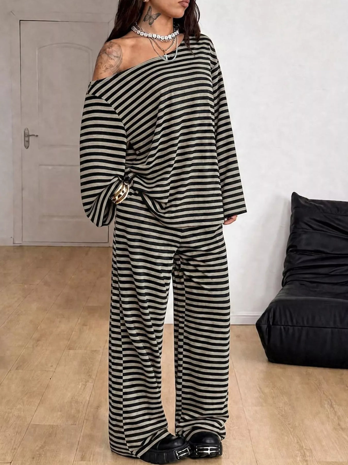 Off-Shoulder Striped Long Sleeve Top and Wide Leg Pants Set in black and cream