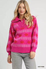 Trendsi Umgee Floral Patterned Jacquard Quarter-Zip Pullover Sweater -