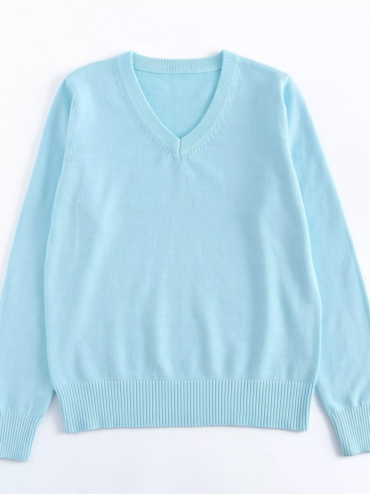 Women's V-Neck Long Sleeve Sweater in light blue — flat lay view