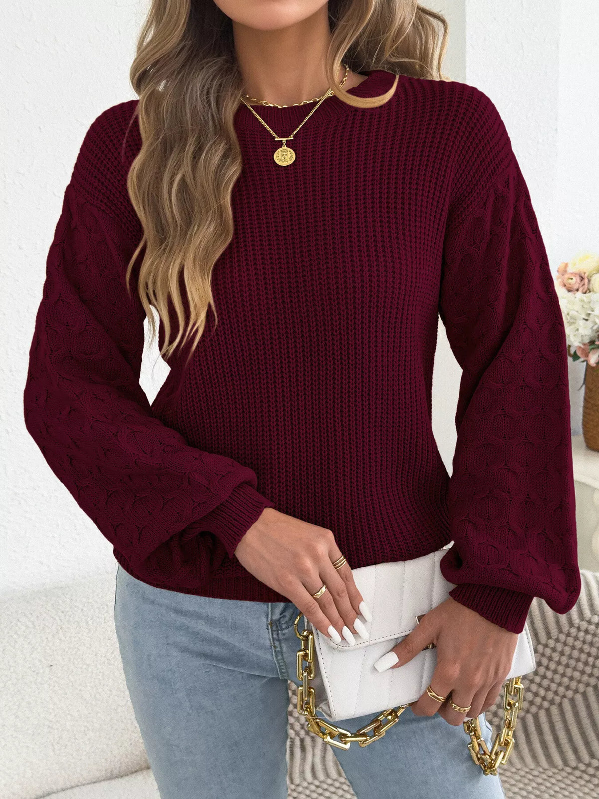 Burgundy textured dropped shoulder sweater