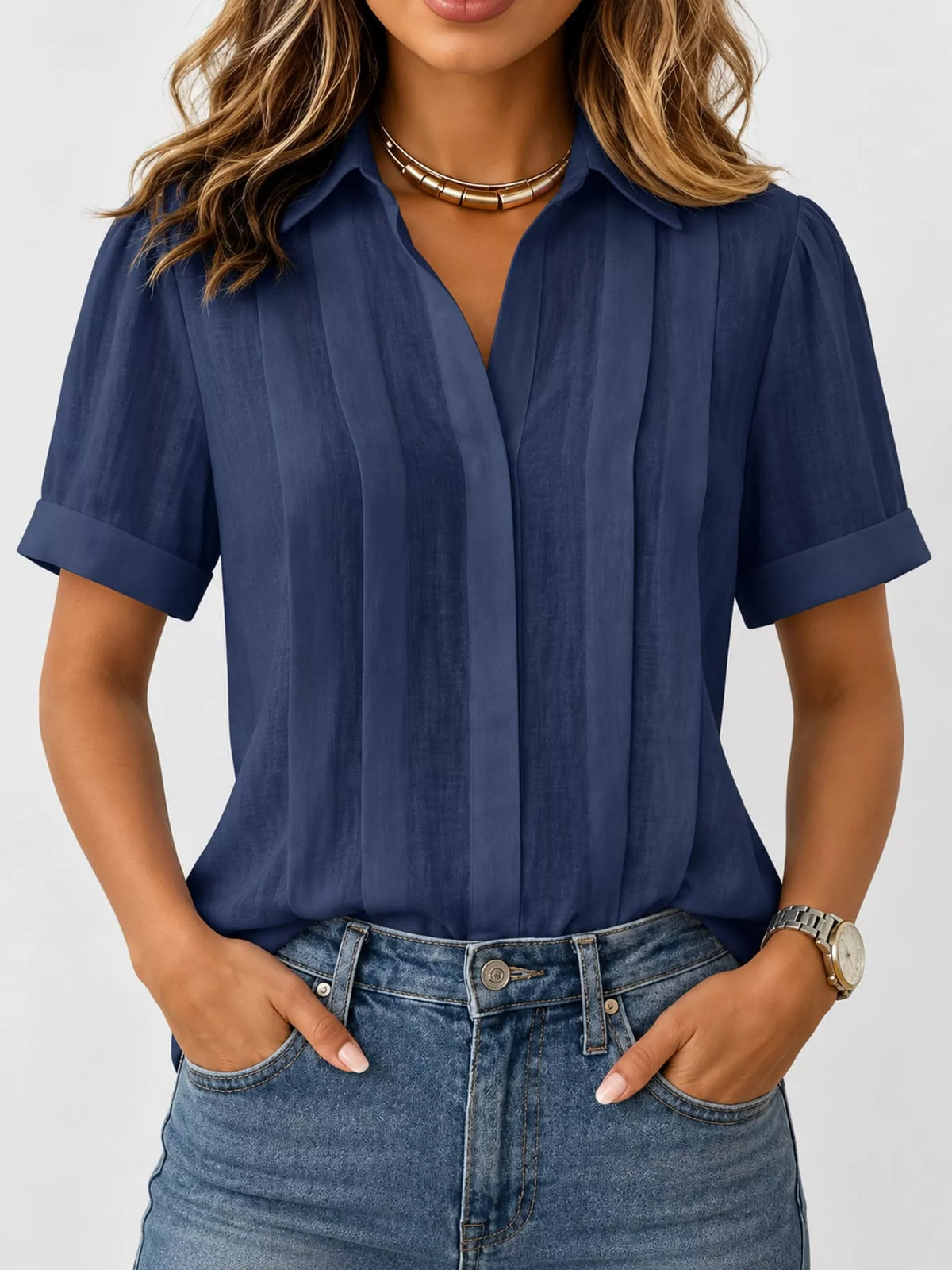 Navy button up short sleeve shirt