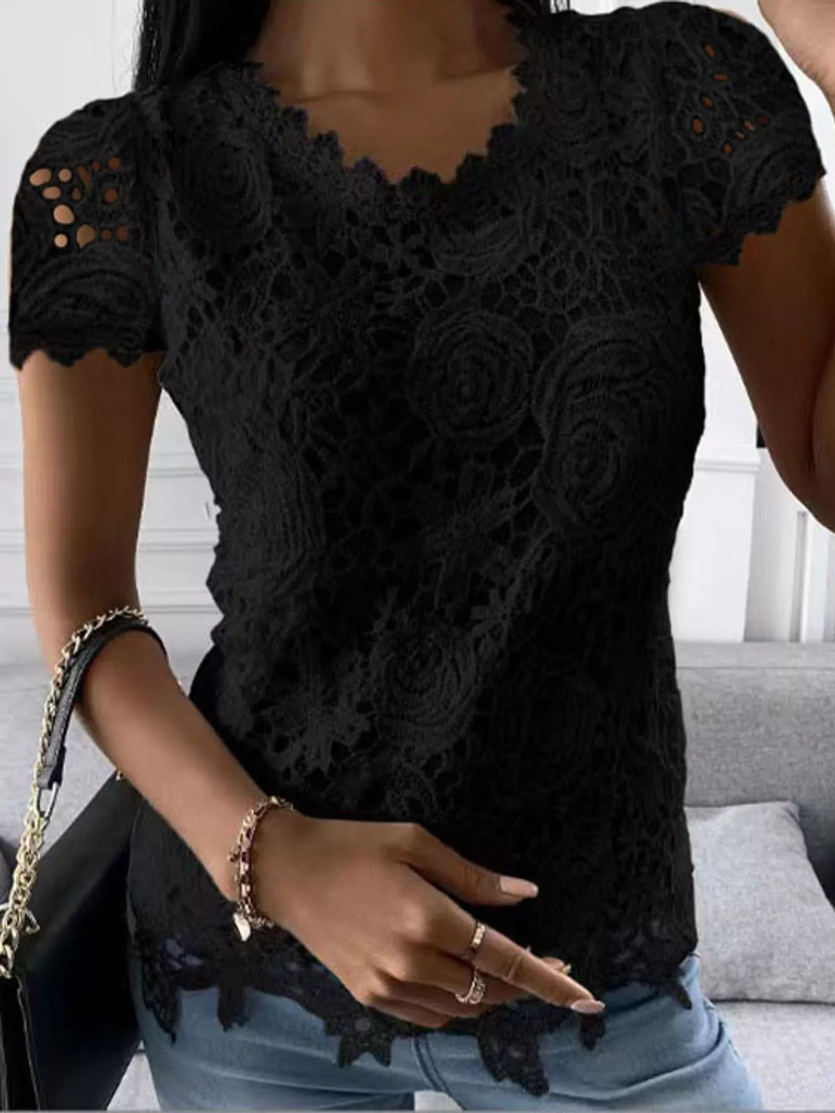 Floral Lace Short Sleeve Blouse, front view