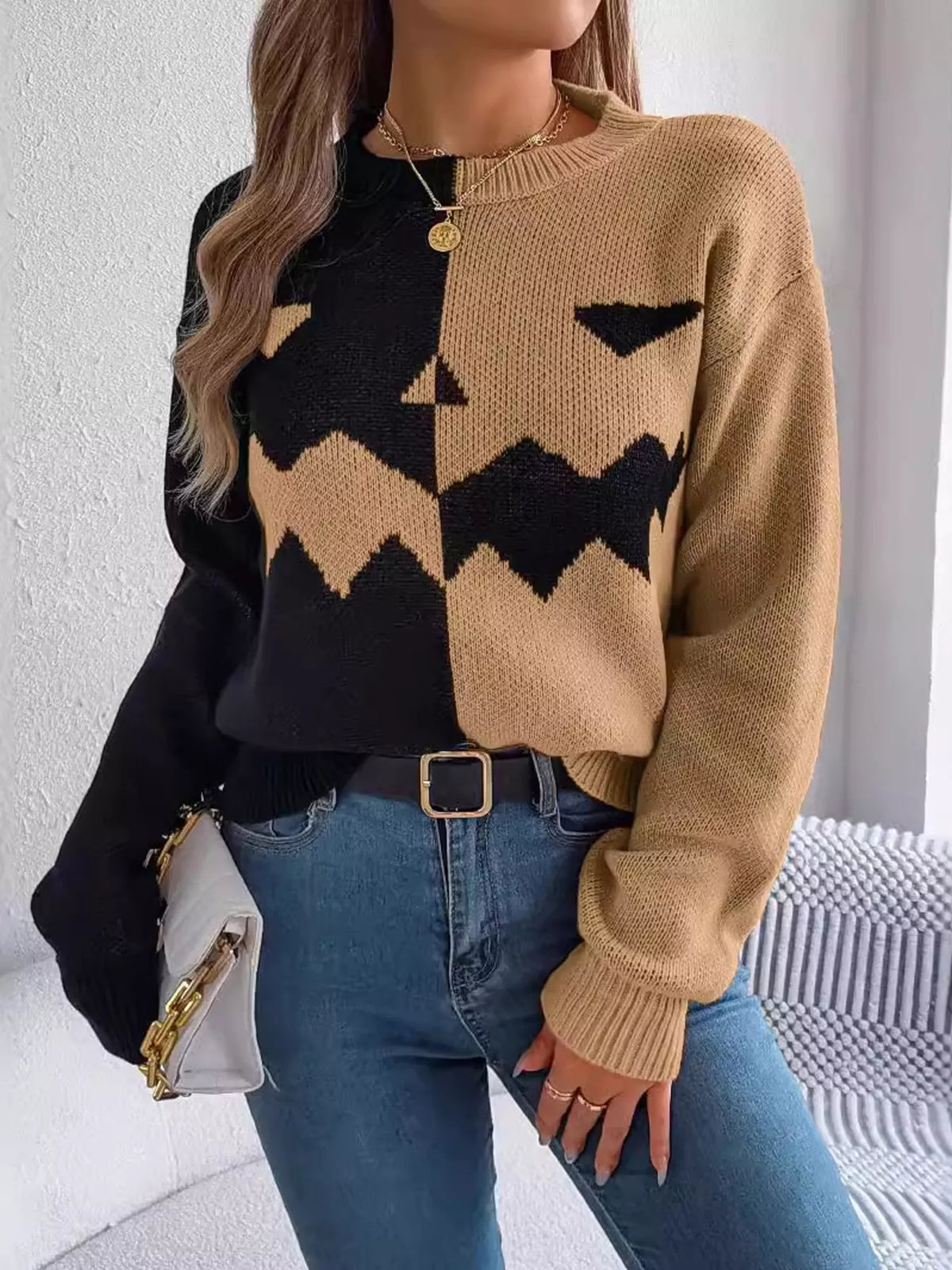 Pumpkin Face Graphic Two Tone Sweater in camel and black, front view