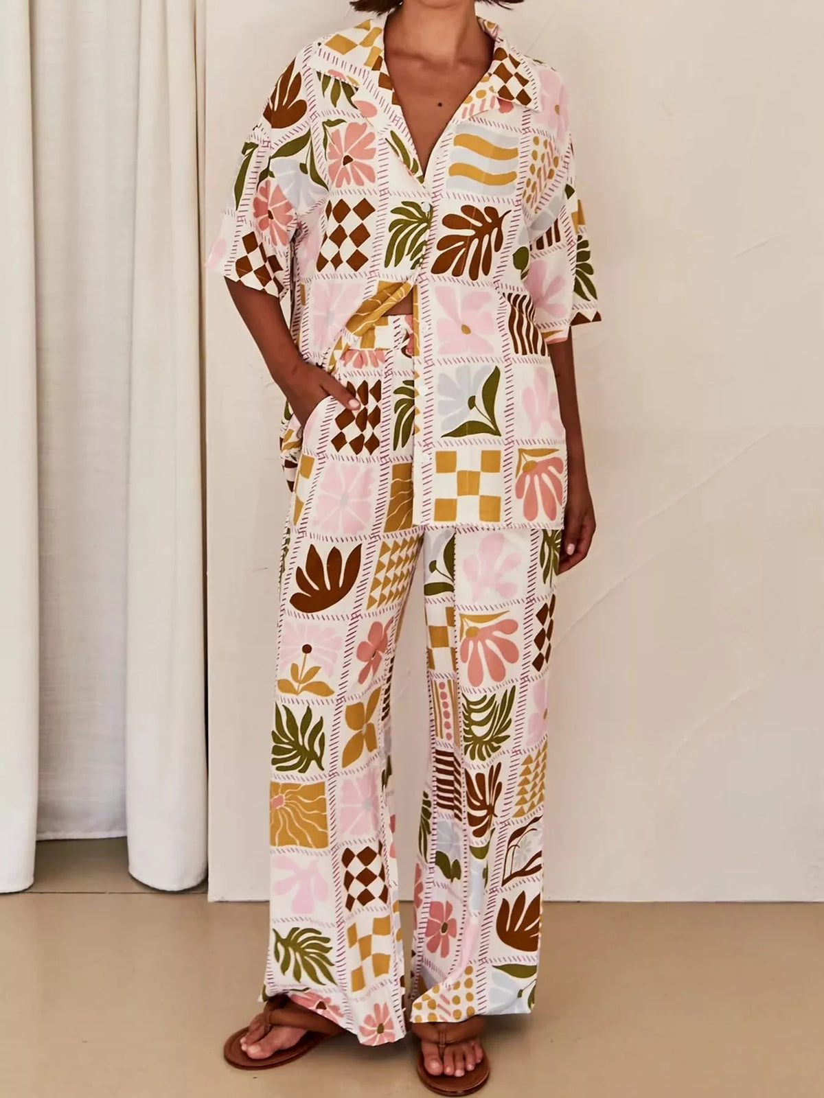 Printed Button Up Shirt and Pants Set in multicolor