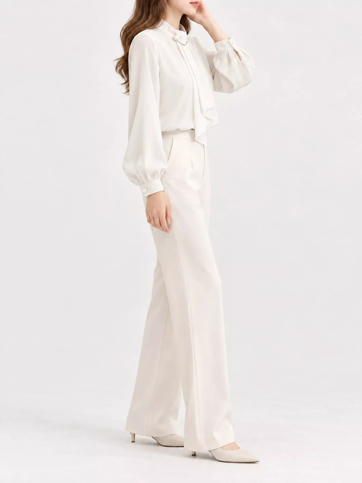 Mock Neck Blouse with Pearl Accent and Lantern Sleeves in white