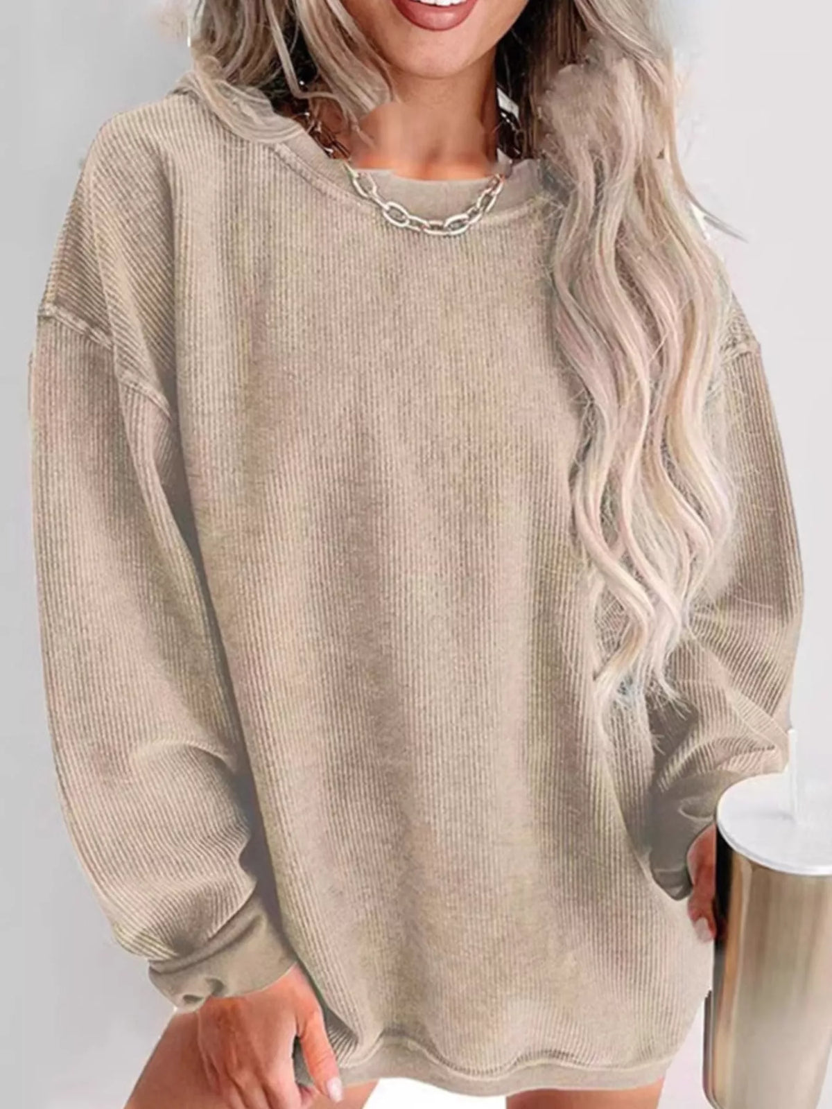 Longline Crew Neck Sweatshirt in beige, front view