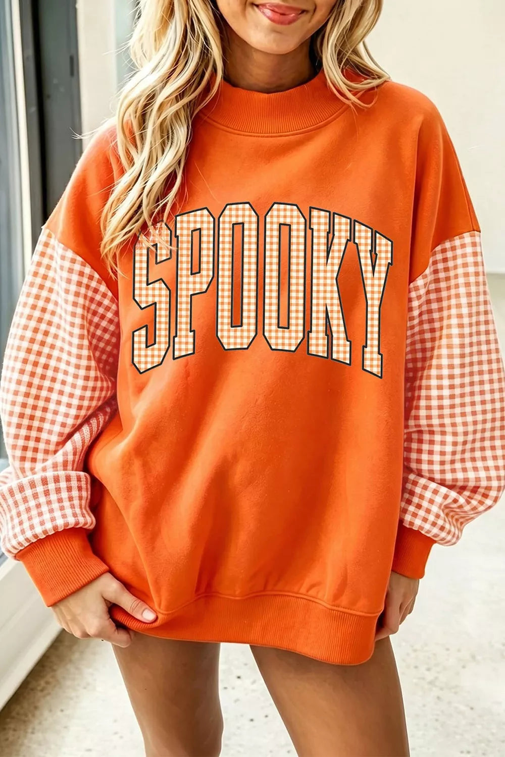 Plaid-sleeve SPOOKY graphic Halloween sweatshirt