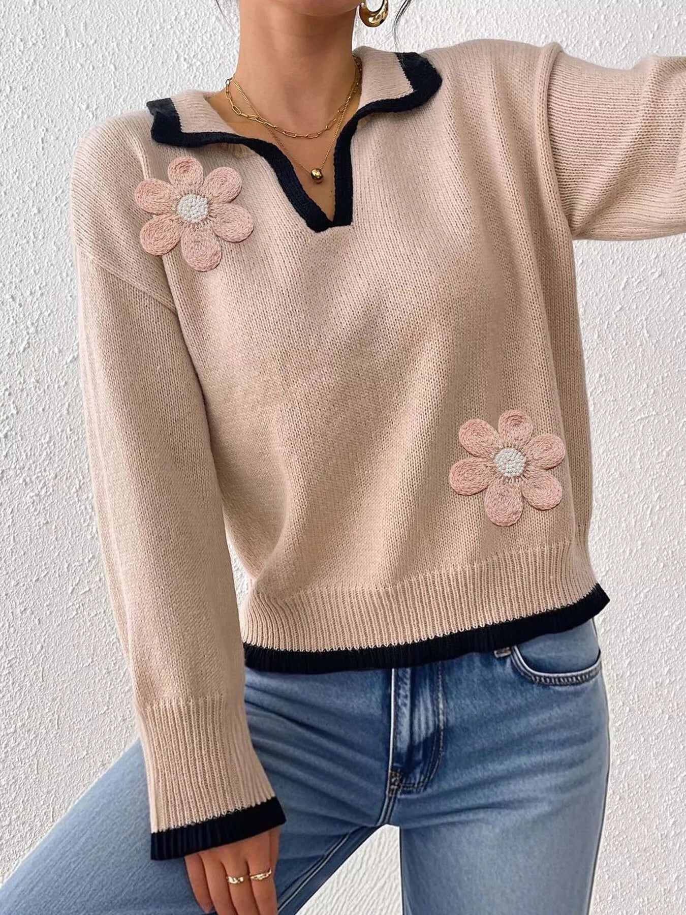 Flower contrast-trim dropped-shoulder sweater