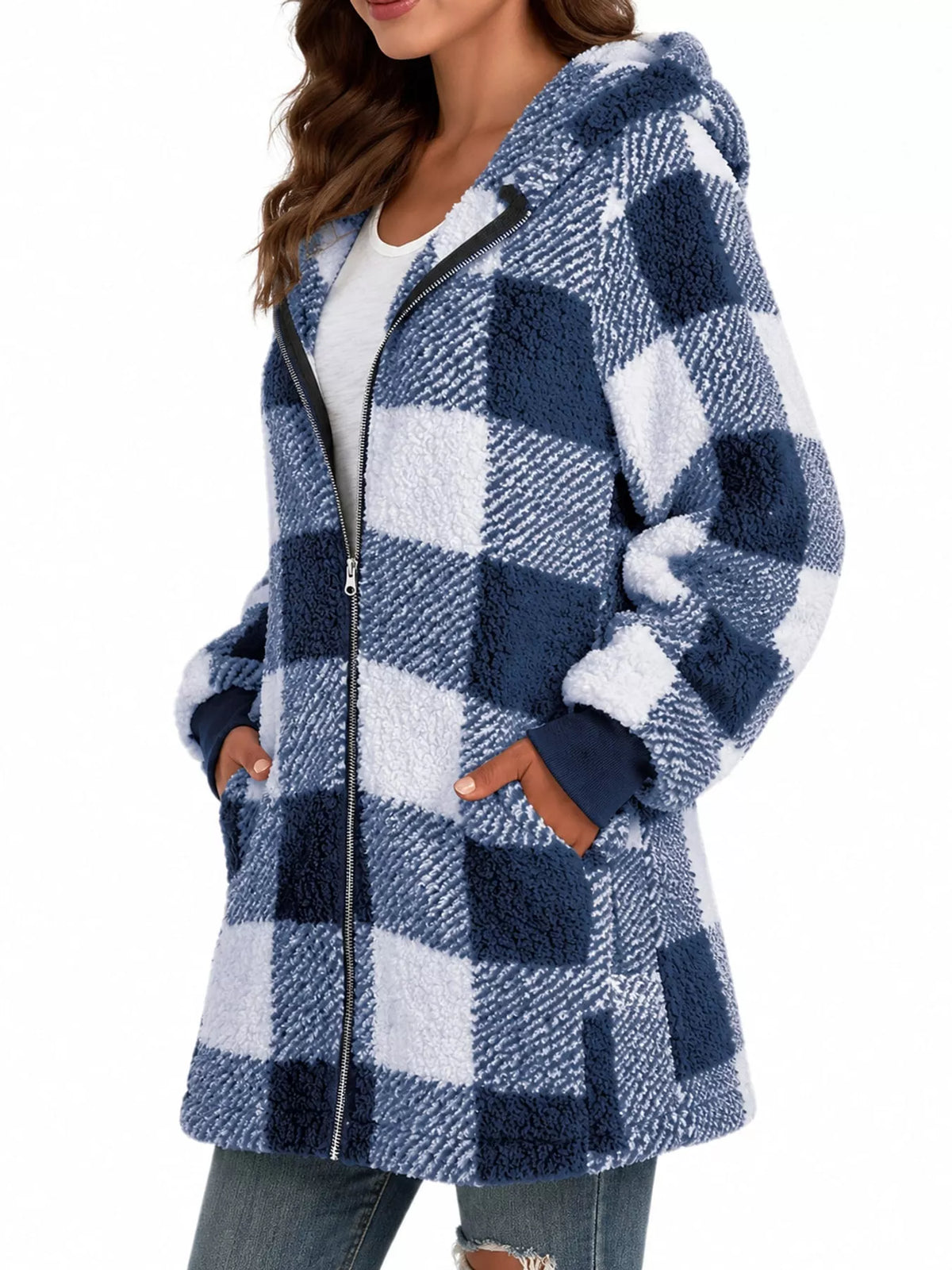 Blue and white plaid sherpa hooded zip up jacket, side view