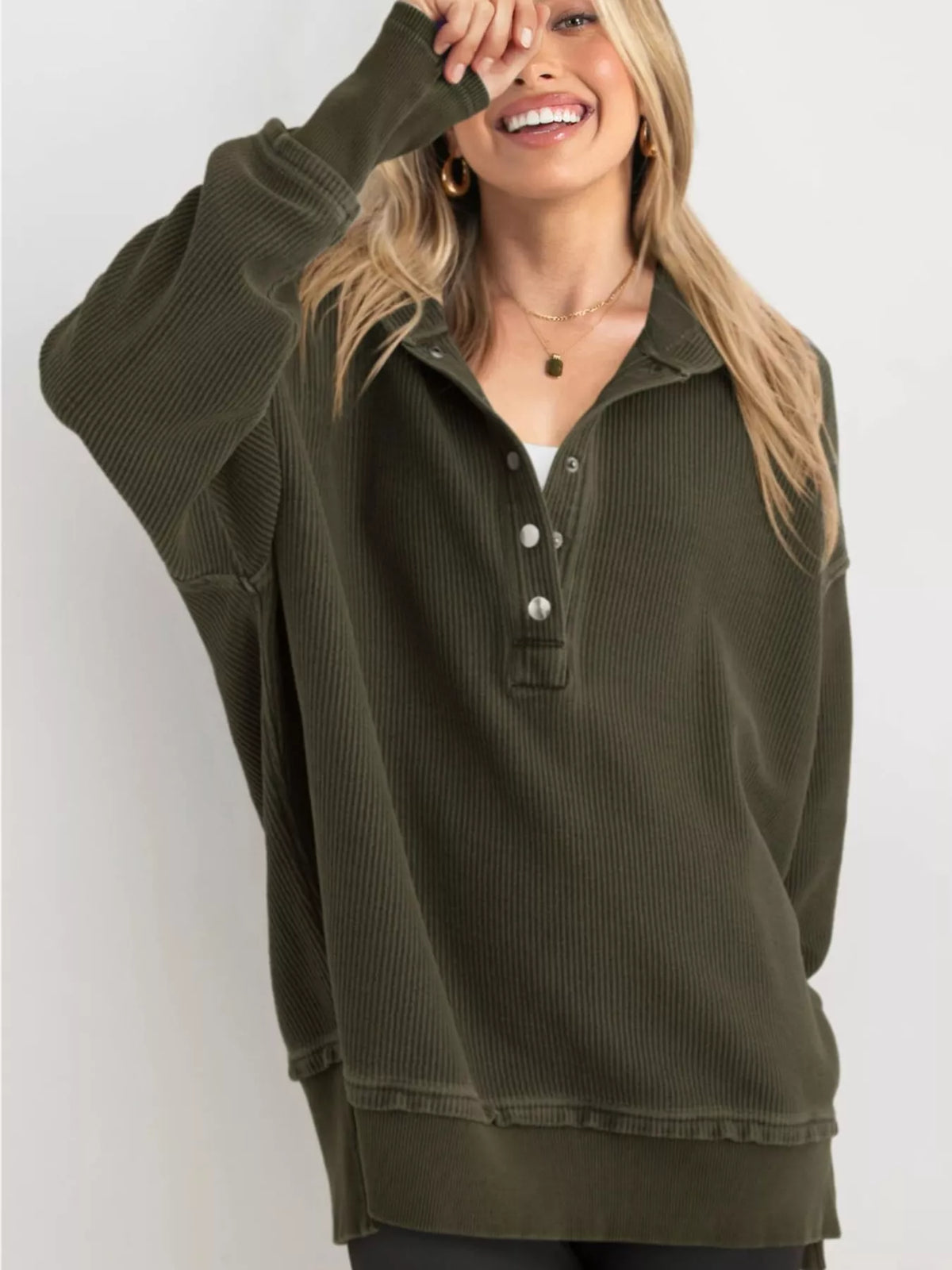Women's Snap Button Placket Dropped Shoulder Hoodie in olive — front view