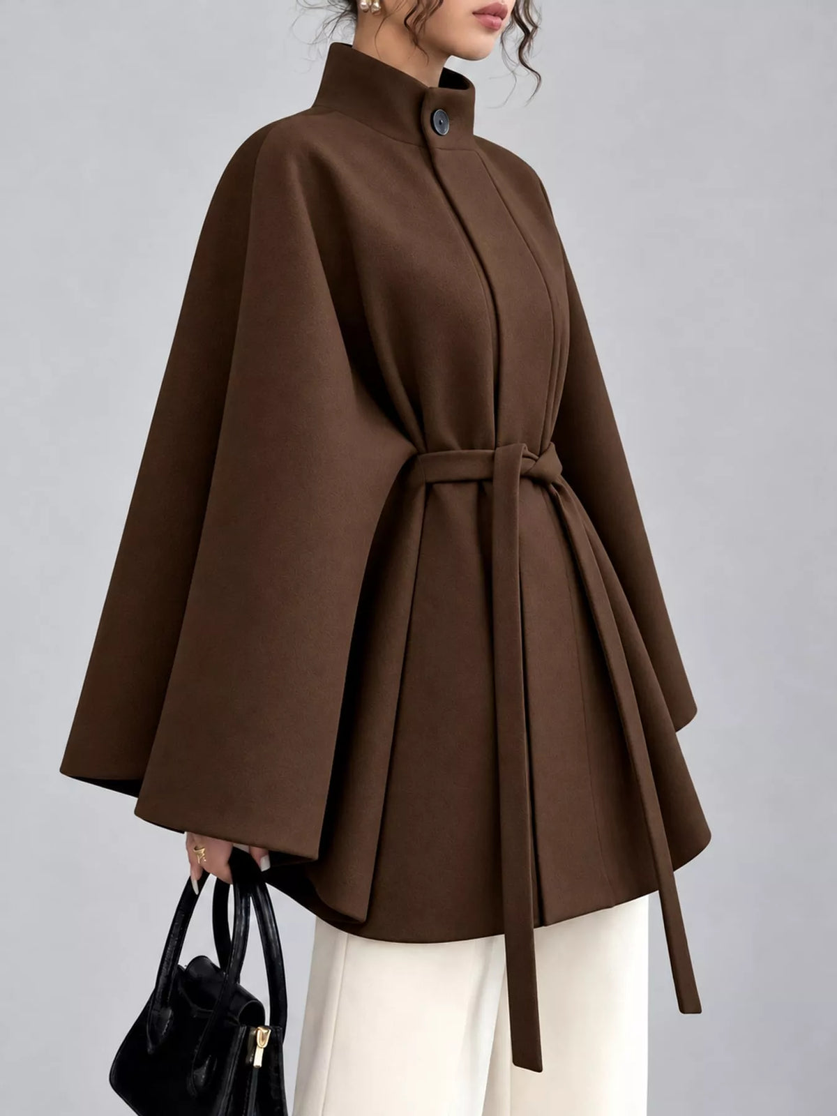 Brown tie-waist cape — side view