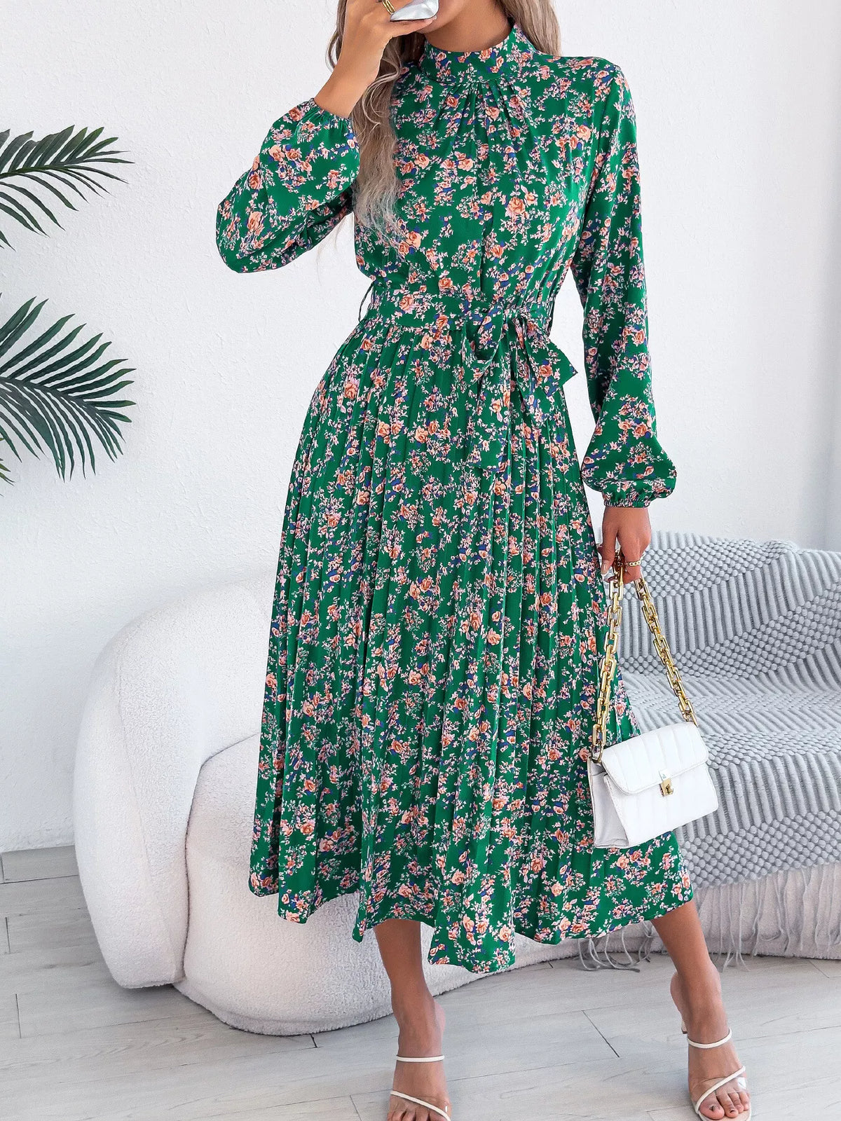 Green floral print long sleeve midi dress